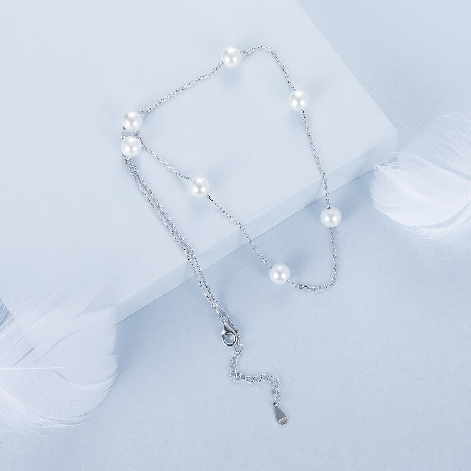 925 Sterling Silver White Gold Plated Necklace with Shell Pearl 400+50mm DestGlow