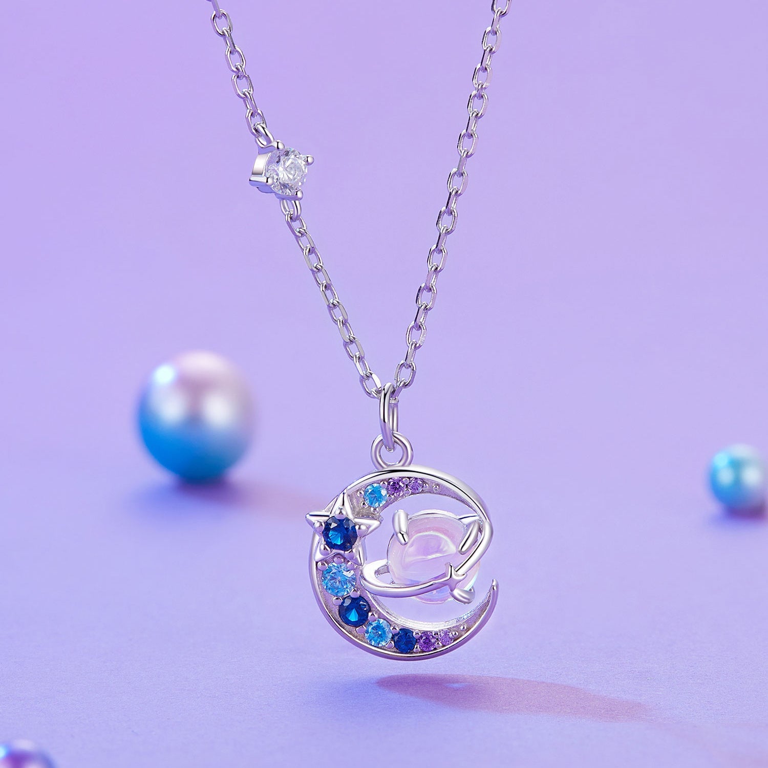 925 Sterling Silver Necklace with Pavé CZ & Transparent Glass Pendant for Women DestGlow