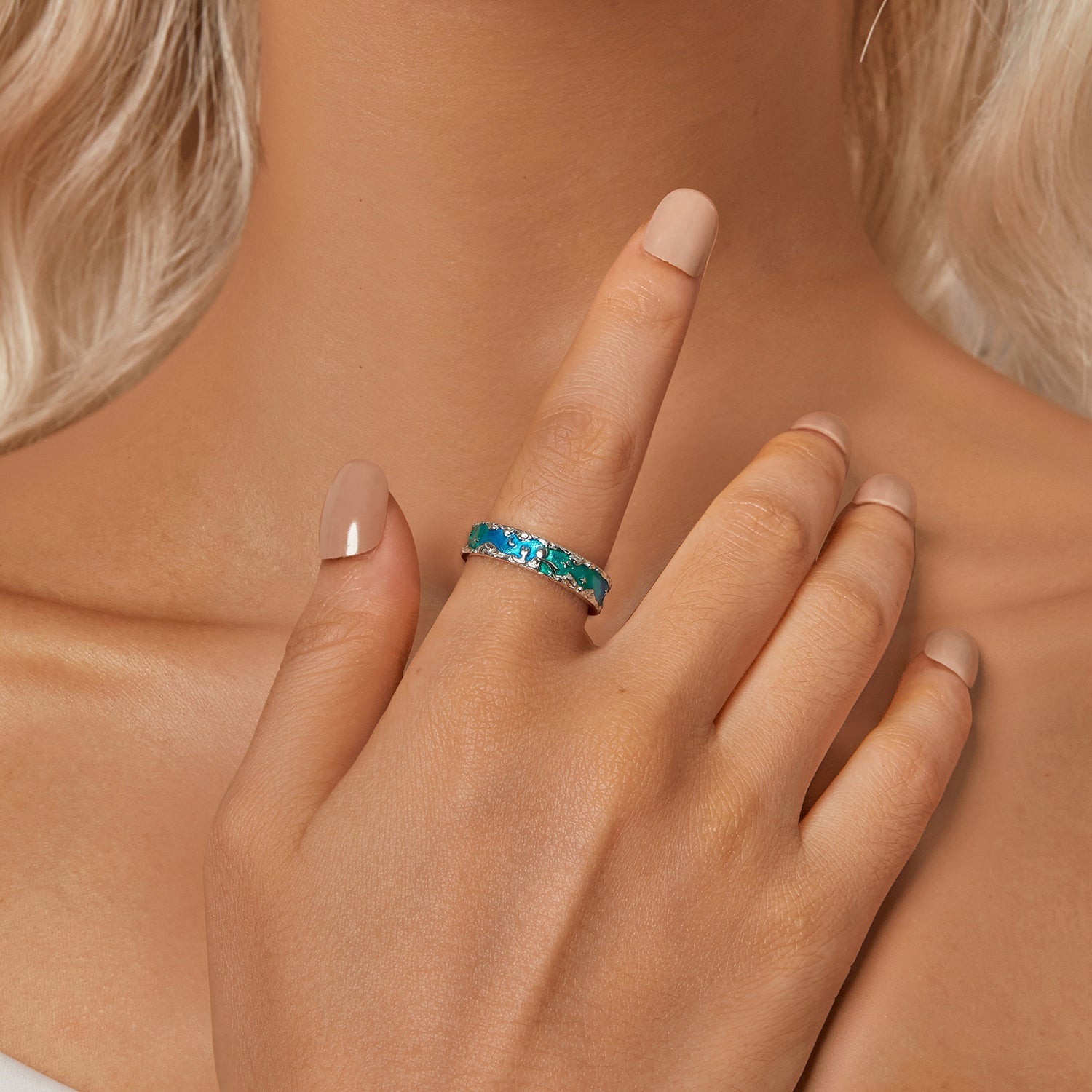 925 Sterling Silver Enamel White Gold Plated 5mm Ring DestGlow