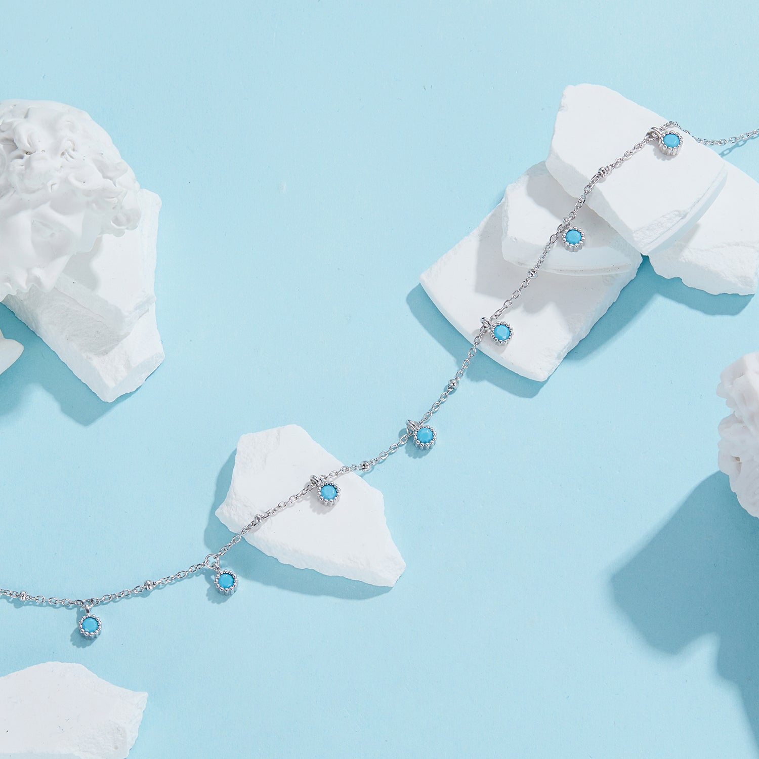 925 Sterling Silver Necklace with Synthetic Turquoise in White Gold, Adjustable 450mm for Women DestGlow
