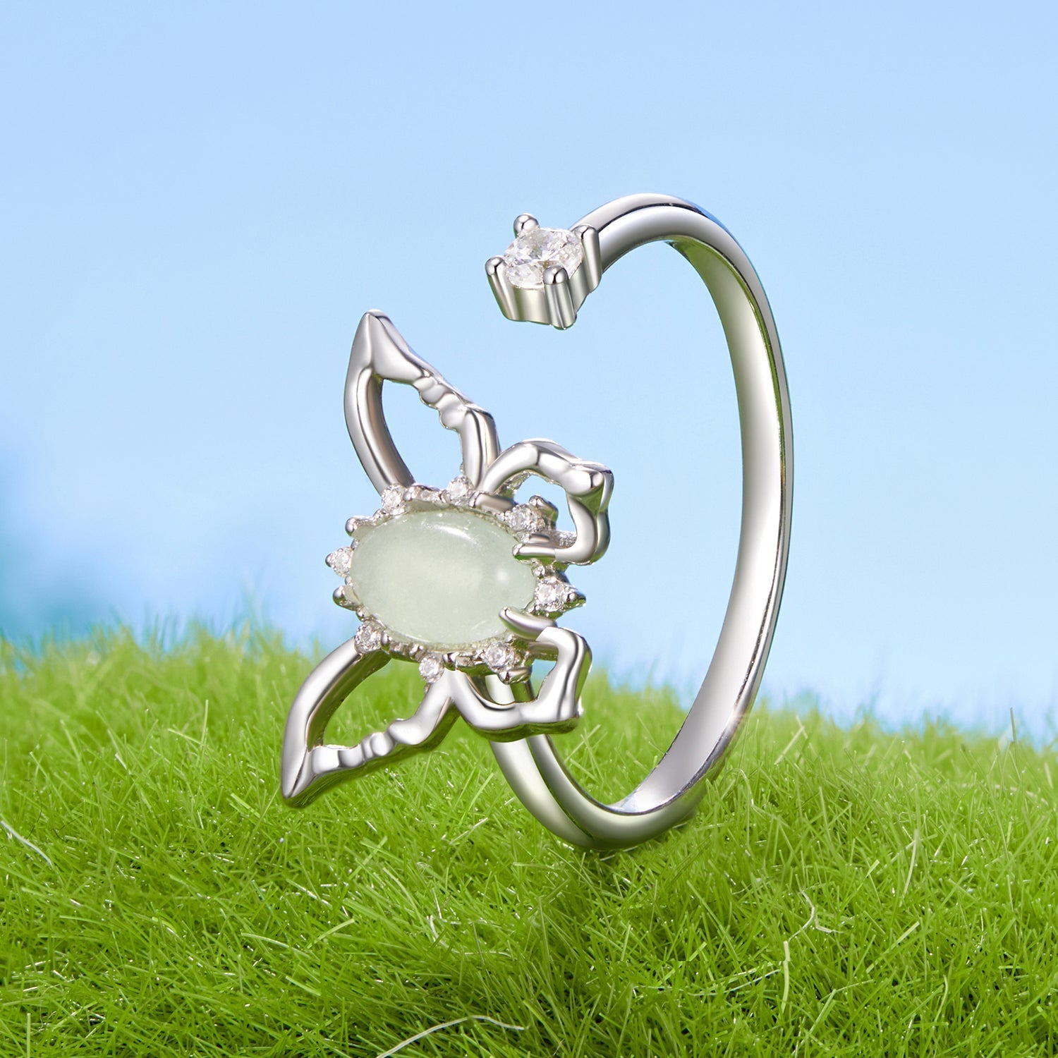 925 Sterling Silver & Natural Jade Pavé Setting Ring for Women DestGlow