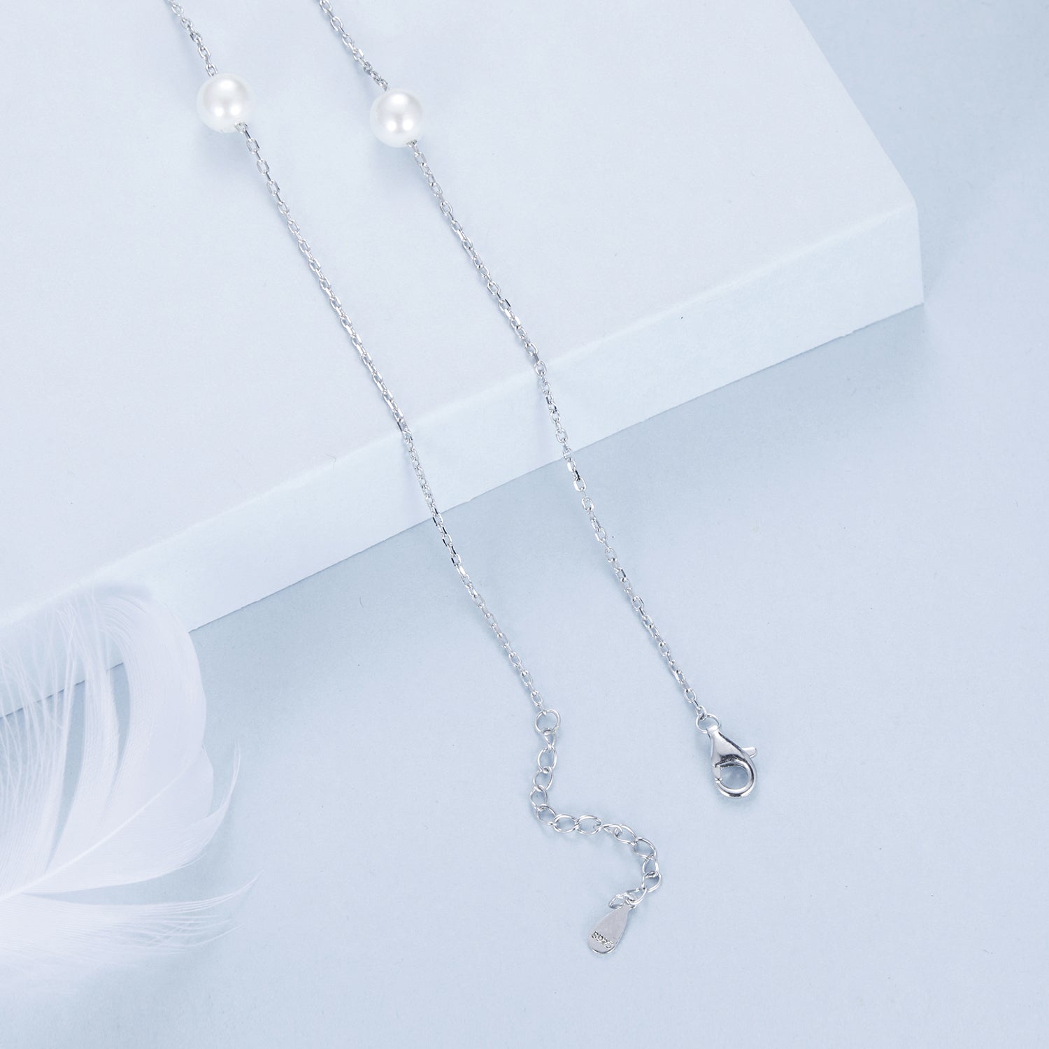 925 Sterling Silver White Gold Plated Necklace with Shell Pearl 400+50mm DestGlow