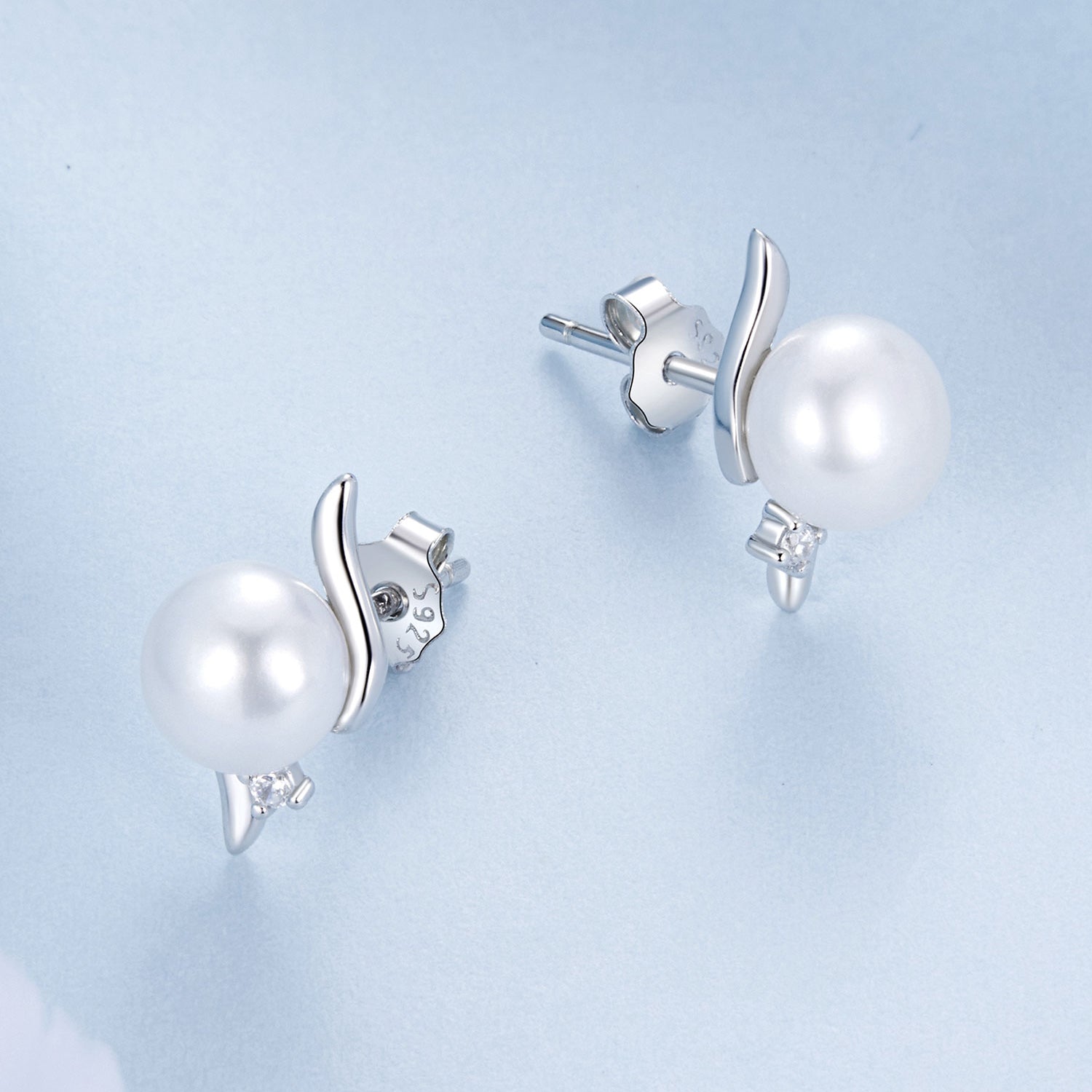 925 Sterling Silver Natural Pearl & CZ Earrings Plated in Platinum DestGlow