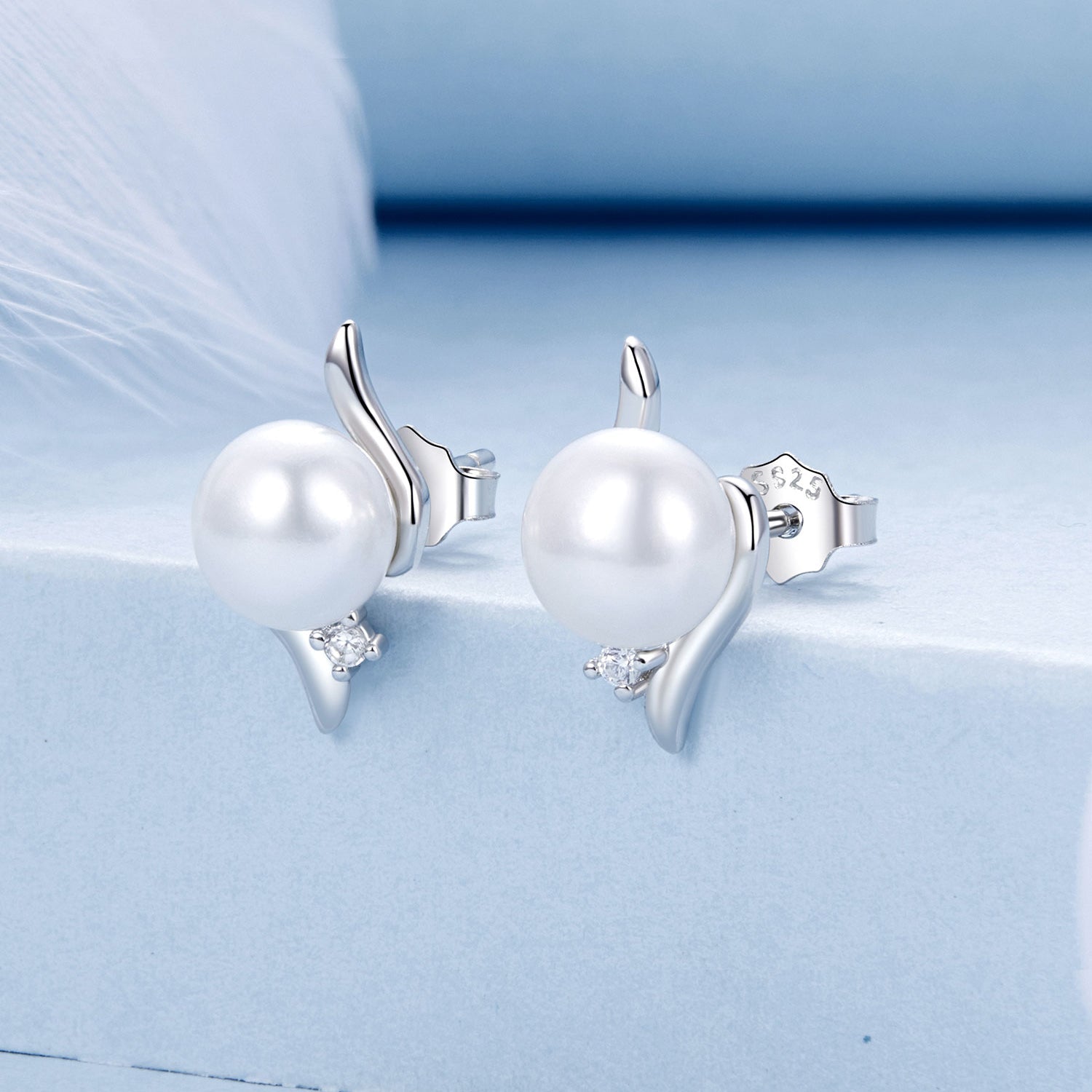 925 Sterling Silver Natural Pearl & CZ Earrings Plated in Platinum DestGlow