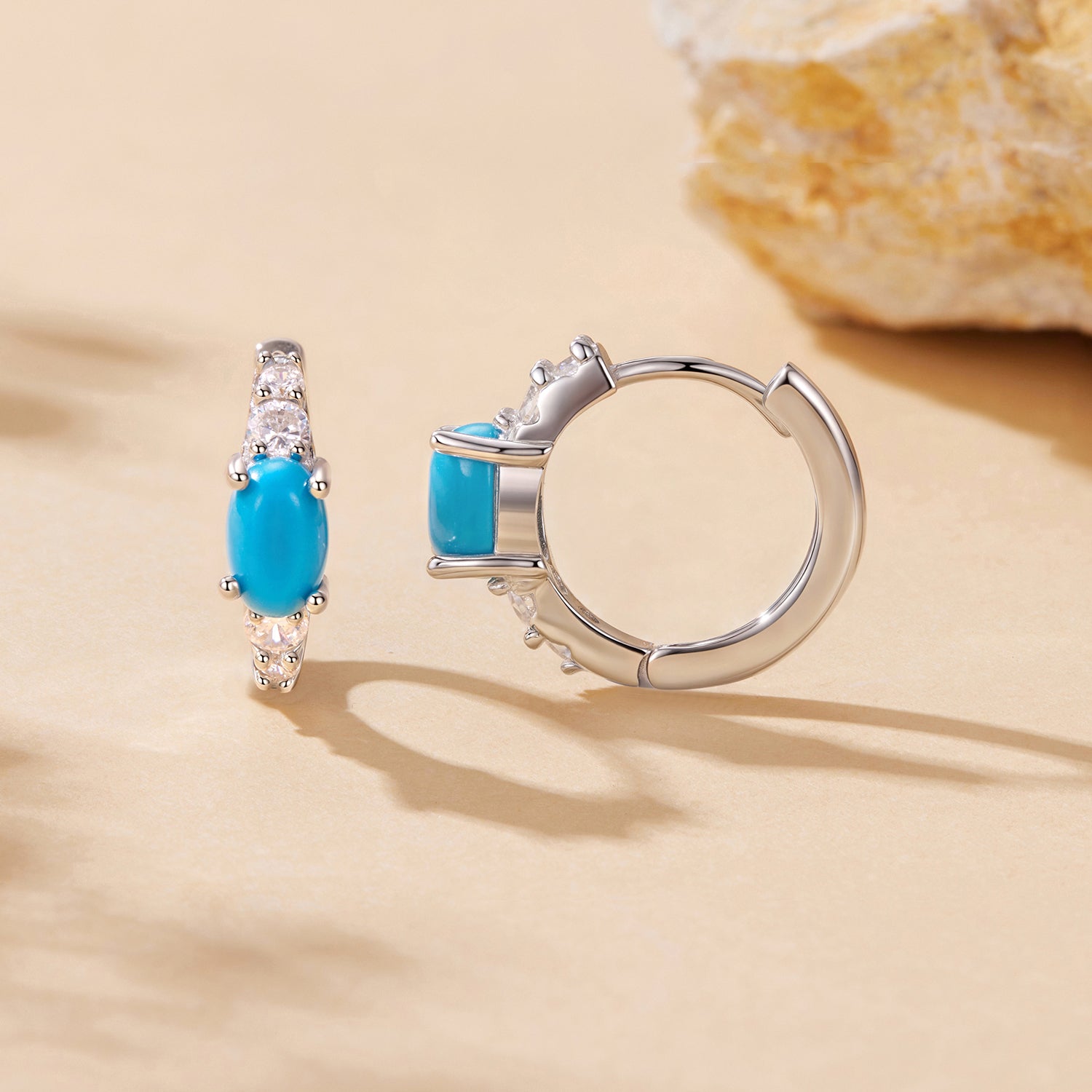 925 Sterling Silver Earrings with Synthetic Turquoise and CZ, White Gold Plated, 1.0cm Hoop for Women DestGlow