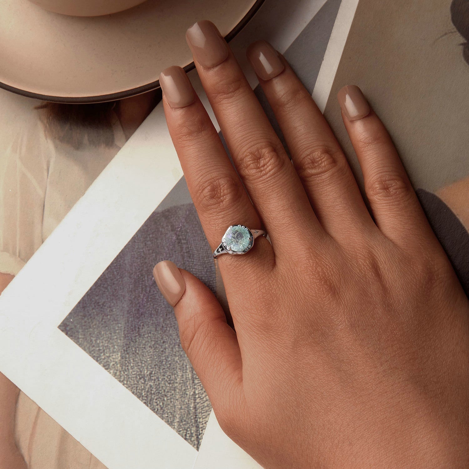 925 Sterling Silver Ring Size 6.0 with 11mm CZ & Transparent Glass for Women DestGlow