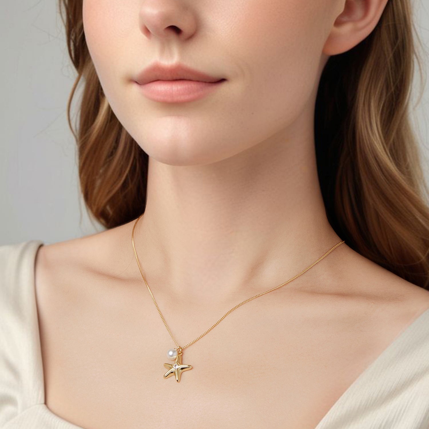925 Sterling Silver Necklace with Gold Plating, 40+5cm, Featuring Synthetic Pearl & CZ for Women DestGlow
