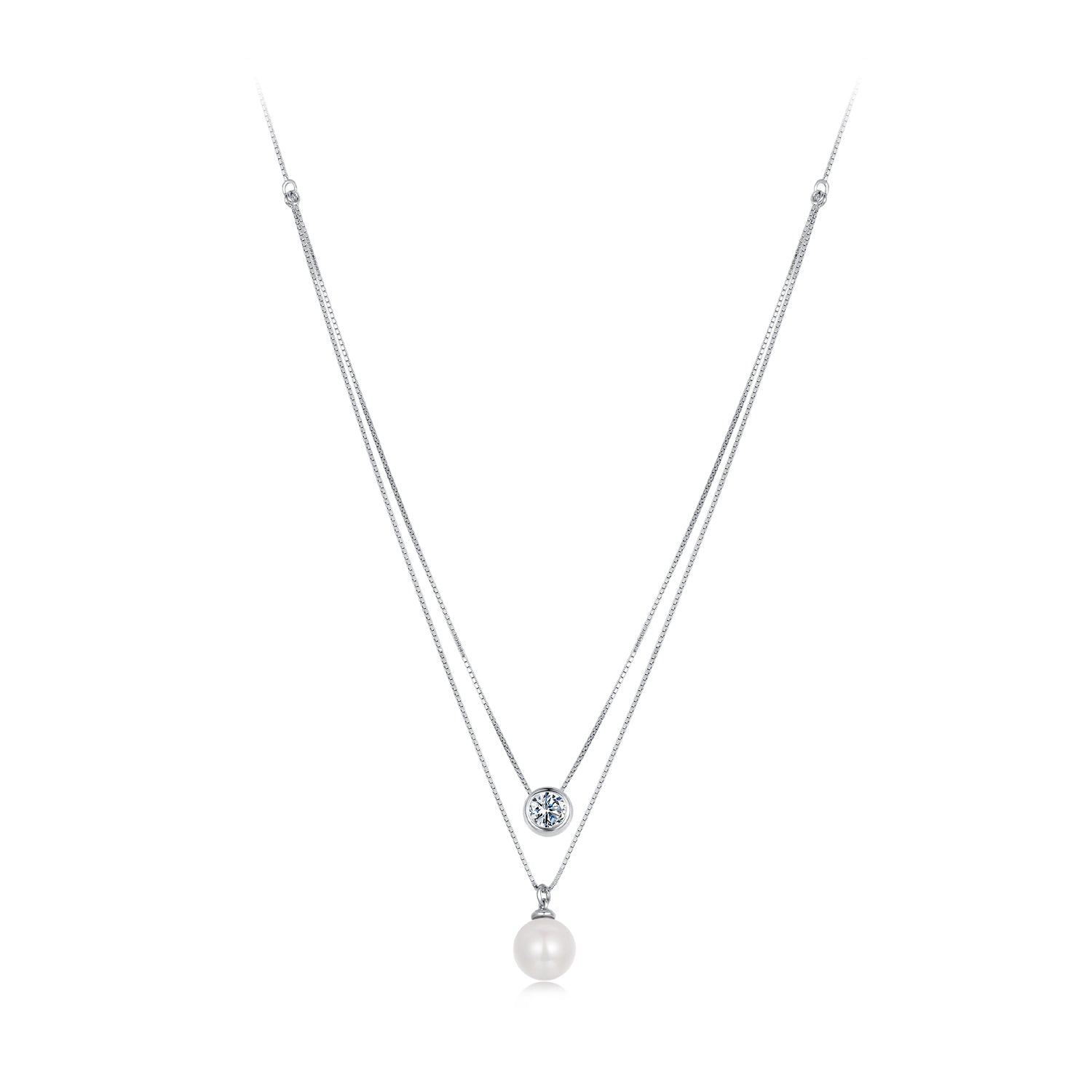 925 Sterling Silver Moissanite & Quality Shell Pearl Necklace for Women - 40+5cm, White Gold Plated DestGlow