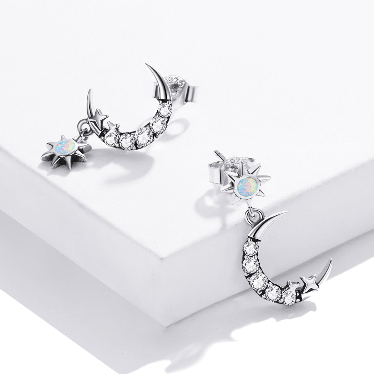 925 Sterling Silver Earrings with Translucent Opal and CZ in Oxidized Finish DestGlow