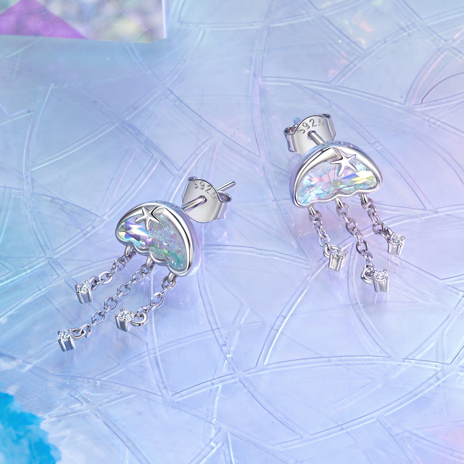 925 Sterling Silver Earrings with Pavé Setting CZ and Transparent Glass DestGlow