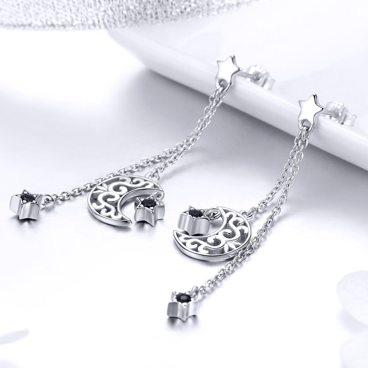 925 Sterling Silver Earrings with Plated Platinum and CZ - 4.4 x 1.0 cm for Women DestGlow