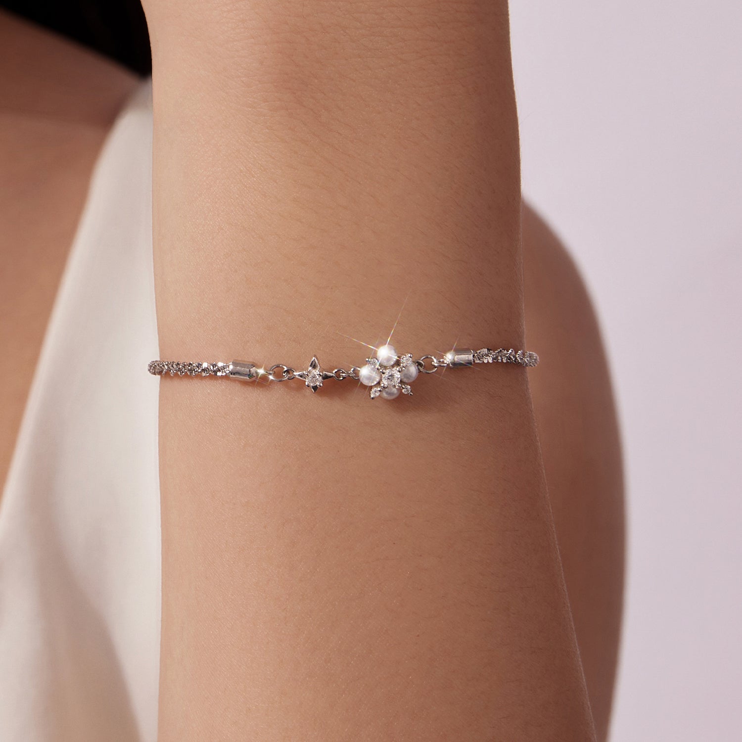 925 Sterling Silver Adjustable Moissanite & Natural Pearl Bracelet for Women DestGlow