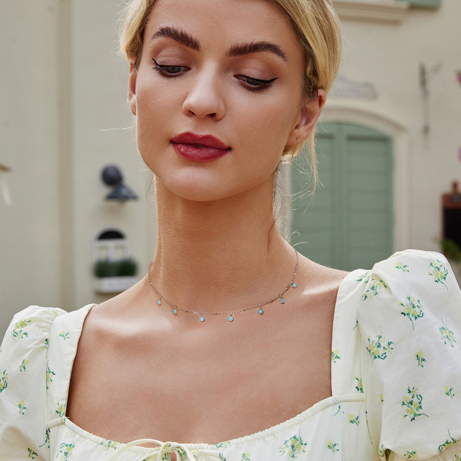 925 Sterling Silver Necklace with Synthetic Turquoise in White Gold, Adjustable 450mm for Women DestGlow