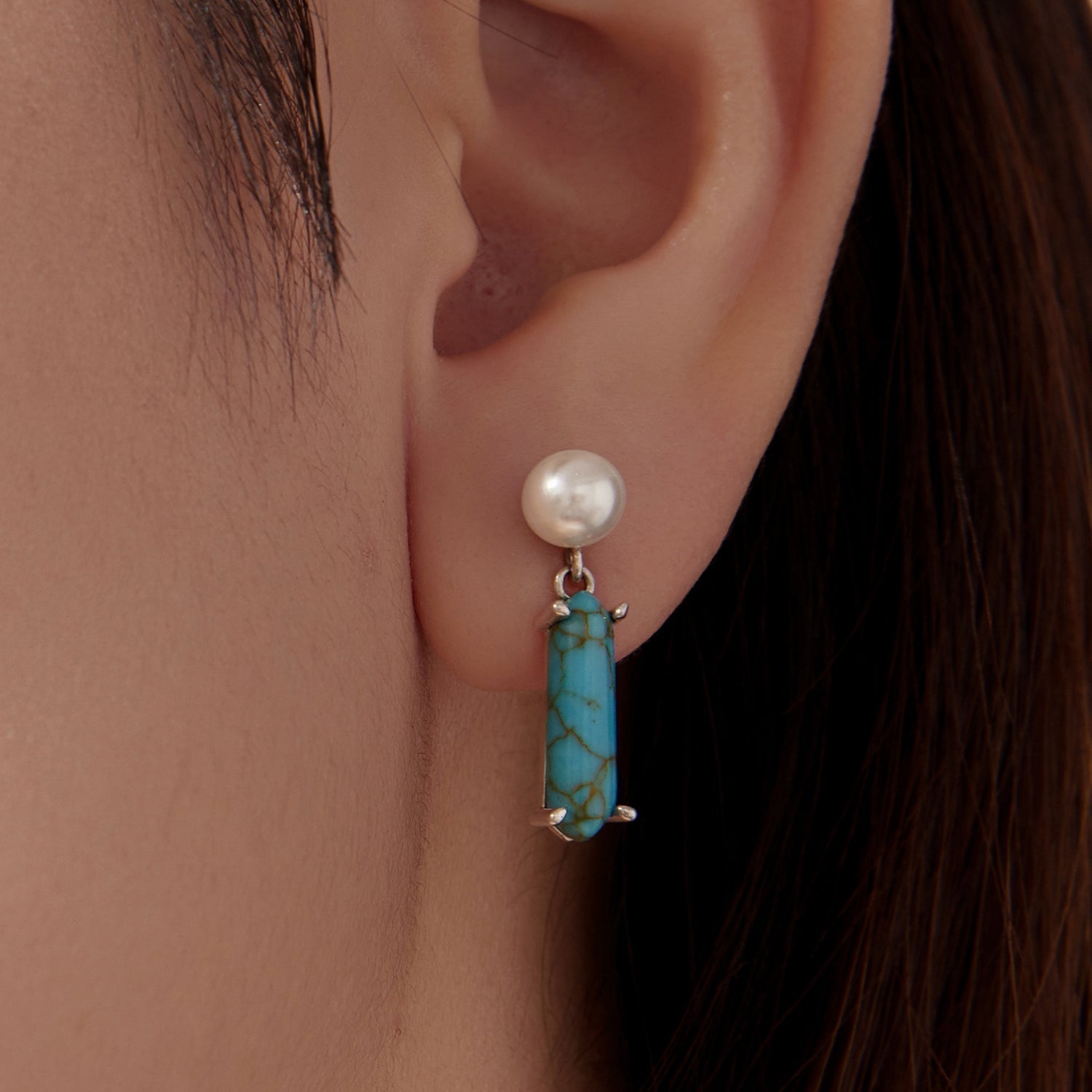 925 Sterling Silver Earrings with Synthetic Turquoise and Pearl, 2.4*0.6cm for Women DestGlow