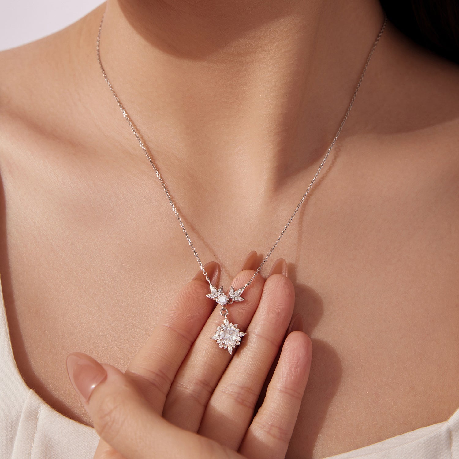 925 Sterling Silver Moissanite Pendant Necklace with Pavé Setting in White Gold - 40+5cm for Women DestGlow