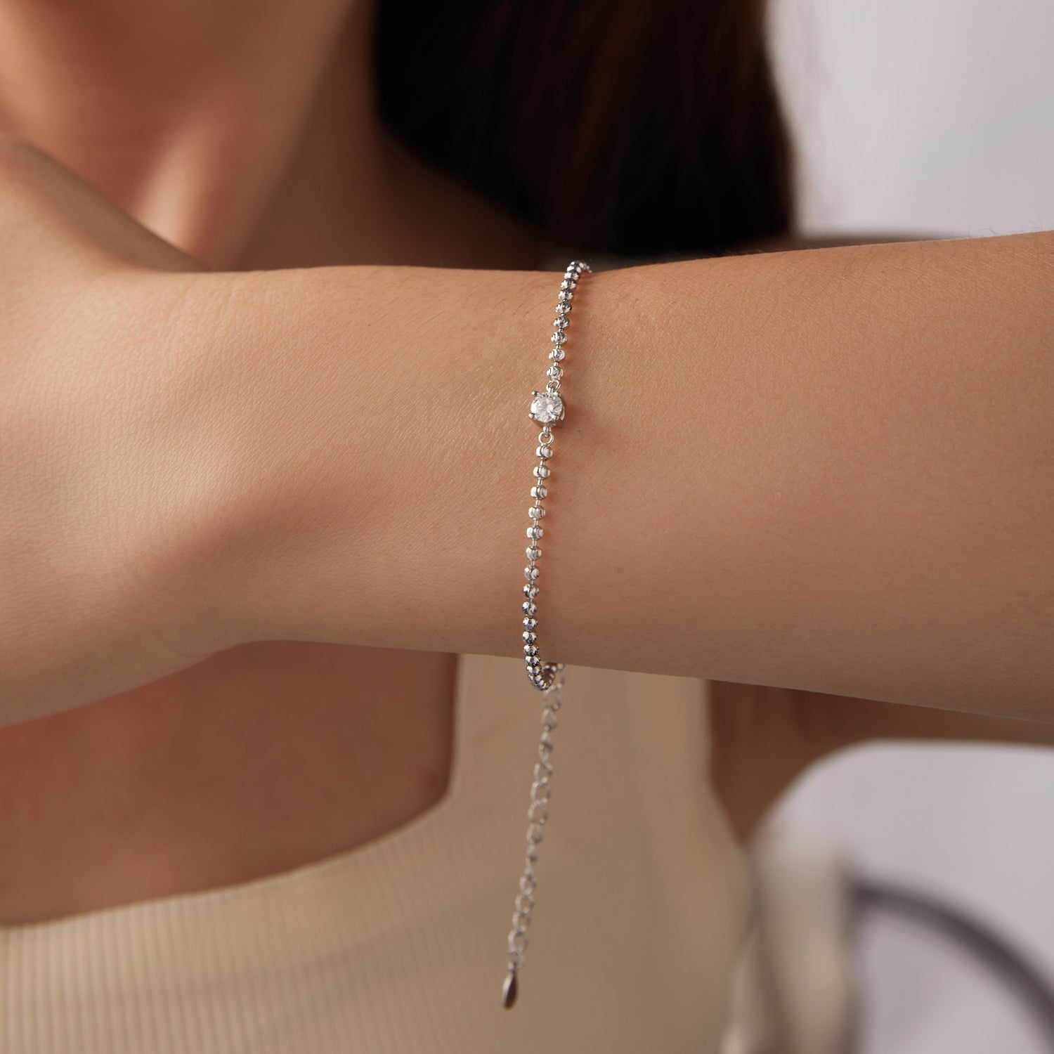 925 Sterling Silver Moissanite Bracelet 15+6cm with White Gold Plating for Women DestGlow