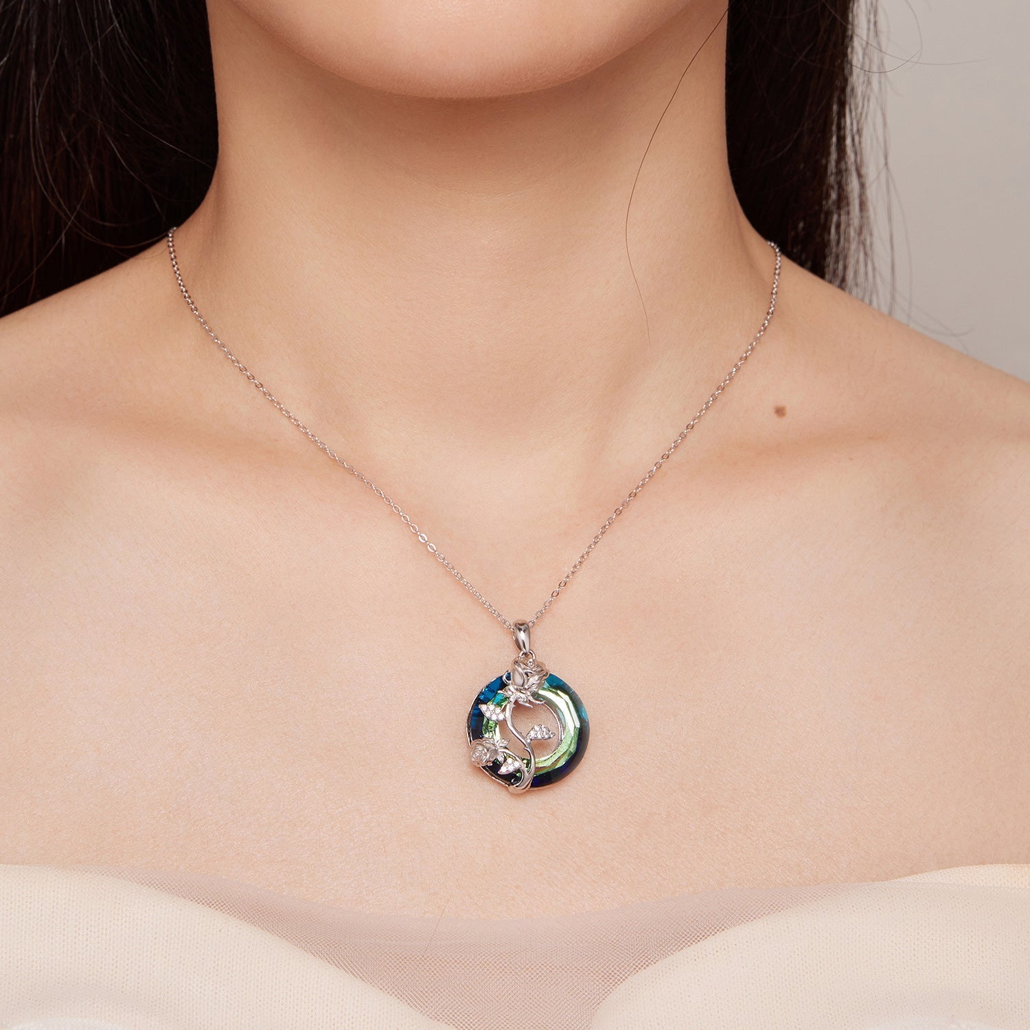 925 Sterling Silver Necklace with Pavé Setting CZ and Transparent Glass, 450mm for Women DestGlow