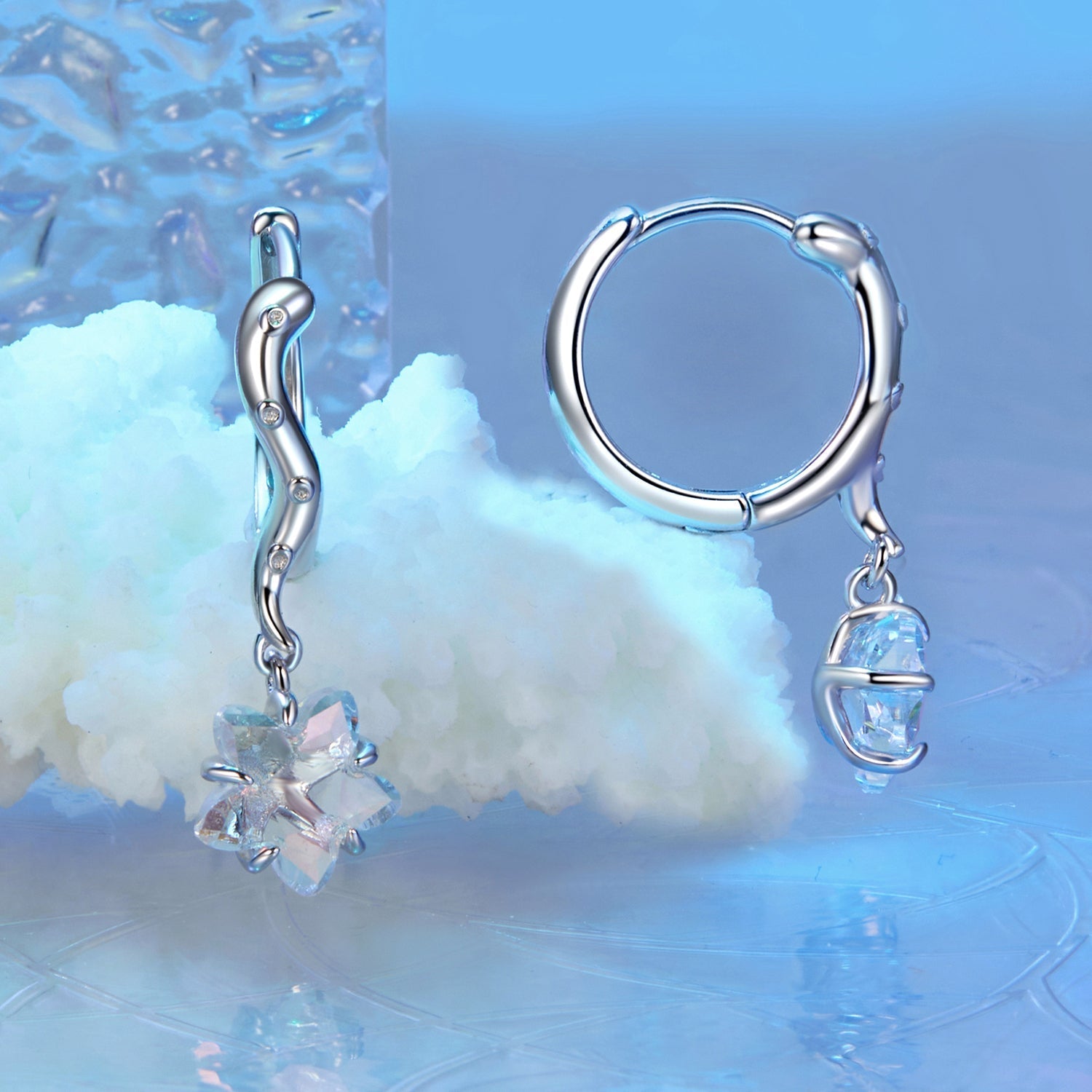 925 Sterling Silver Earrings with Transparent Glass and White Gold Plating for Women DestGlow