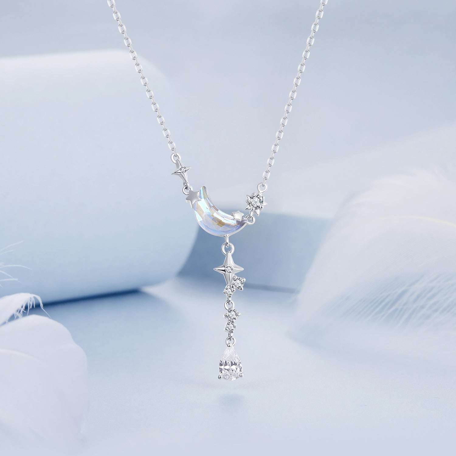 925 Sterling Silver Pendant Necklace with CZ and Transparent Glass for Women DestGlow