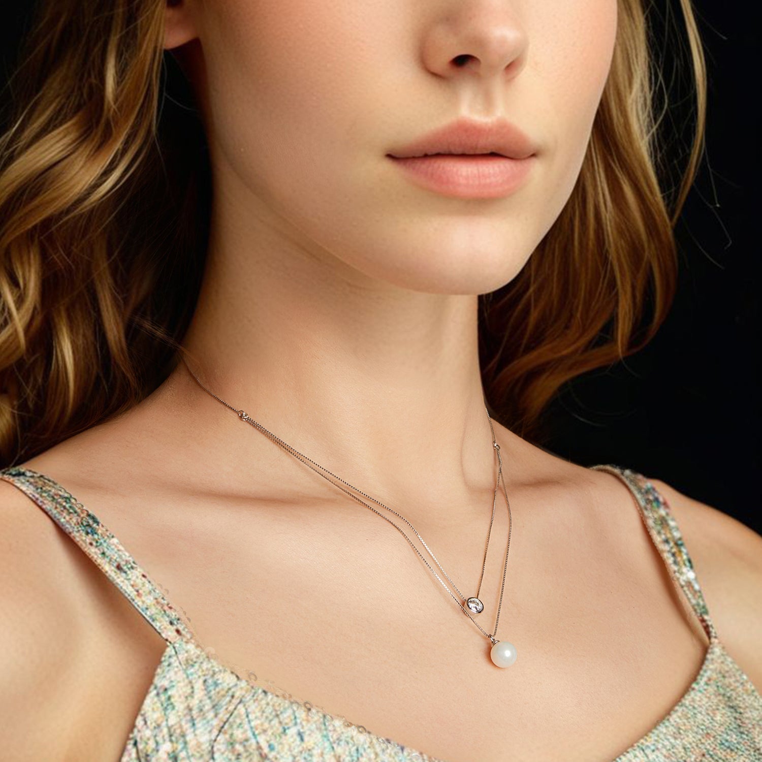 925 Sterling Silver Moissanite & Quality Shell Pearl Necklace for Women - 40+5cm, White Gold Plated DestGlow