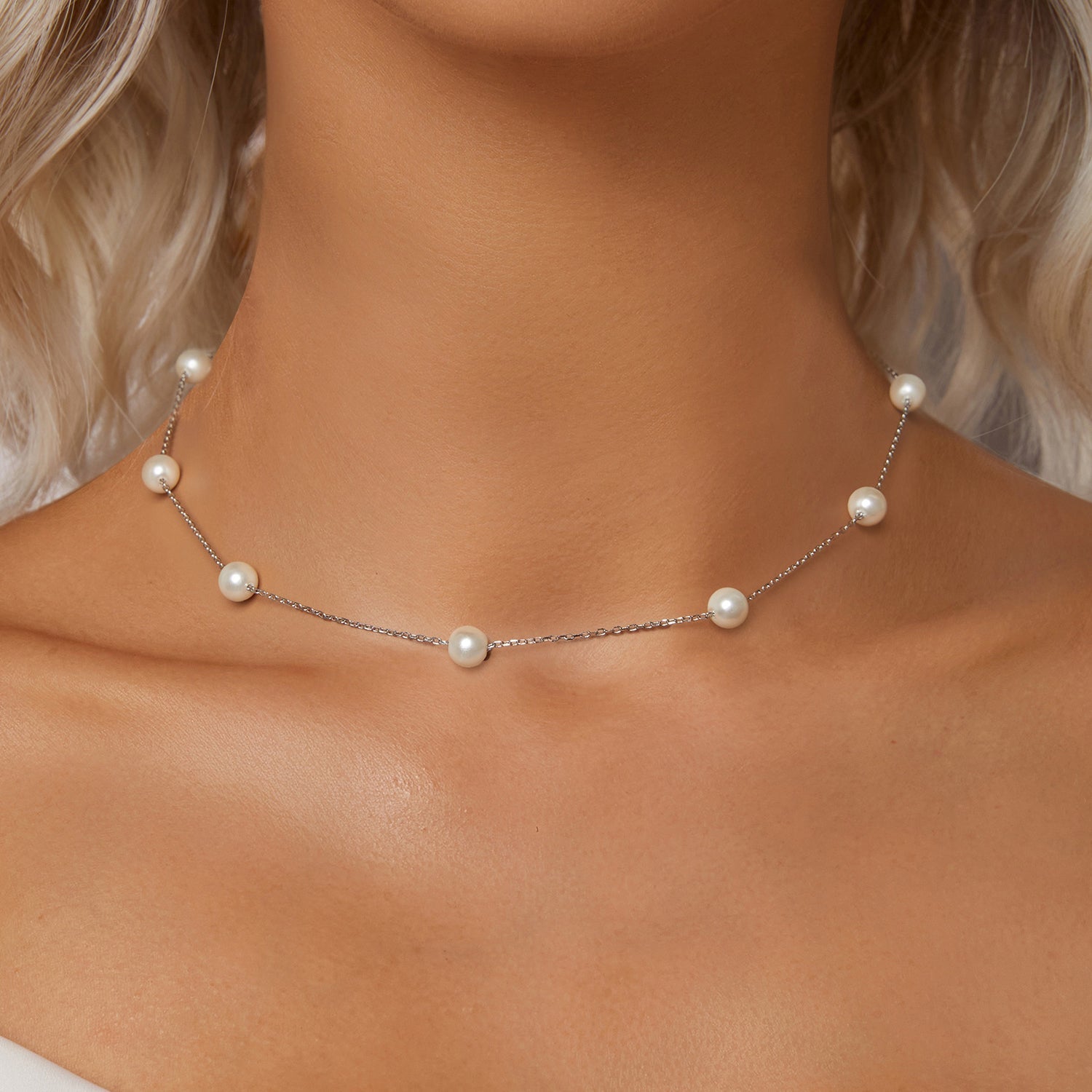 925 Sterling Silver White Gold Plated Necklace with Shell Pearl 400+50mm DestGlow