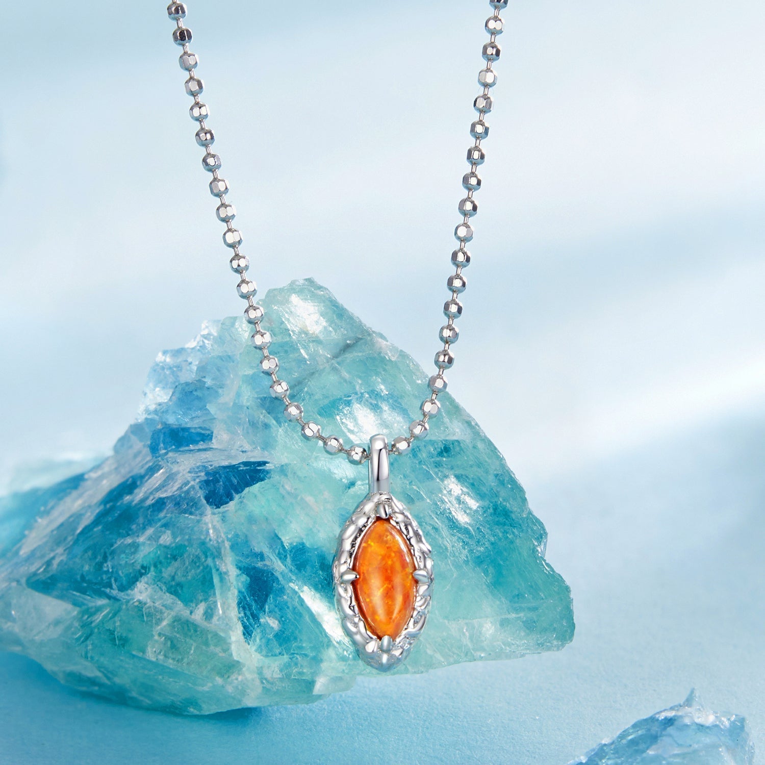 925 Sterling Silver Necklace with Synthetic Opal Pendant, 45cm, Plated White Gold for Women DestGlow