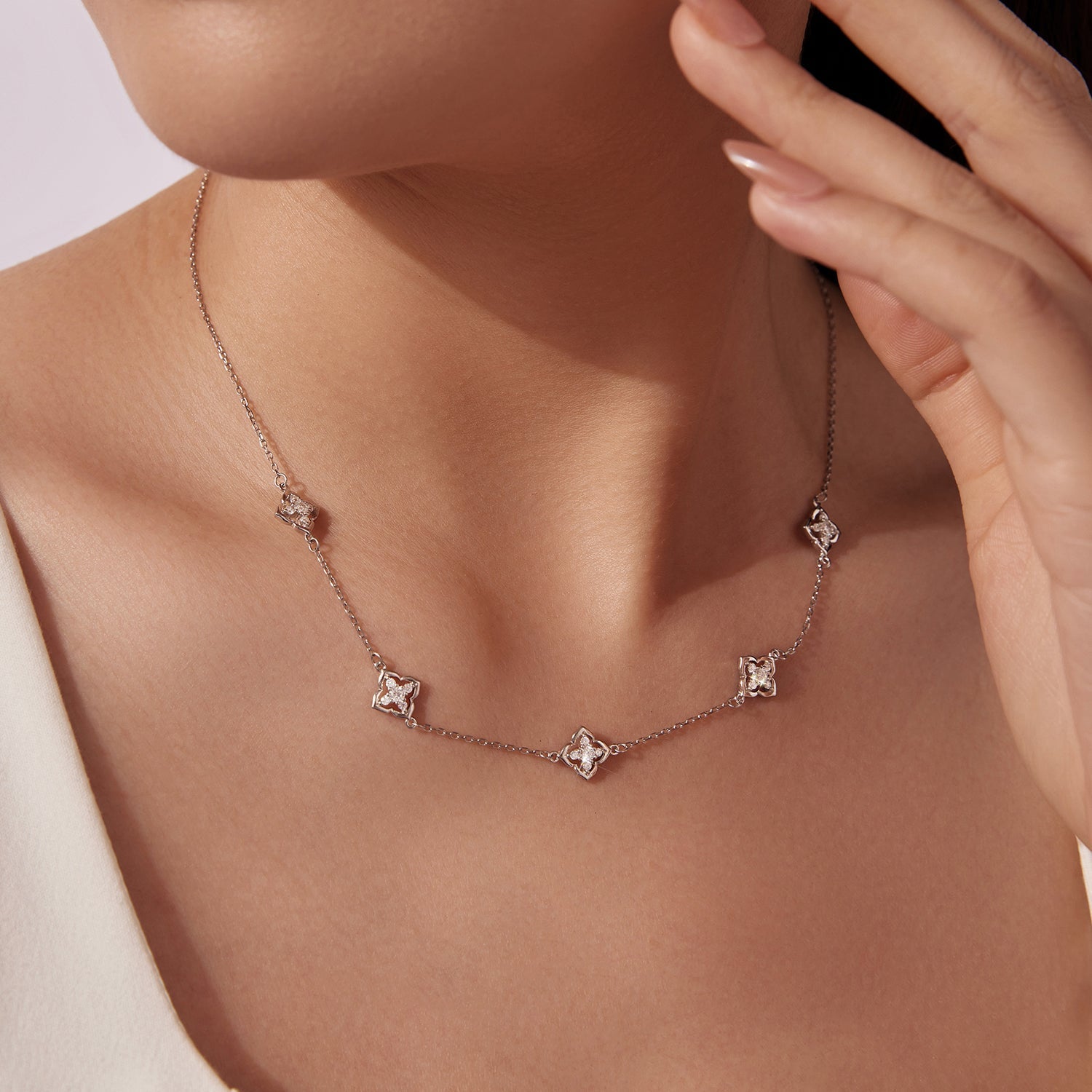 925 Sterling Silver + Moissanite Necklace with Plated White Gold - 40+5cm Length for Women DestGlow