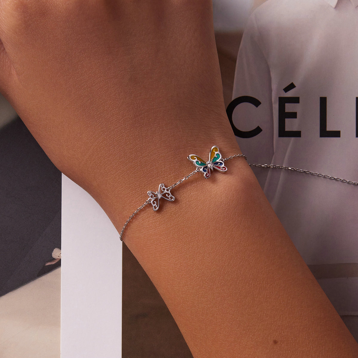 925 Sterling Silver Adjustable Butterfly Enamel Bracelet for Women DestGlow