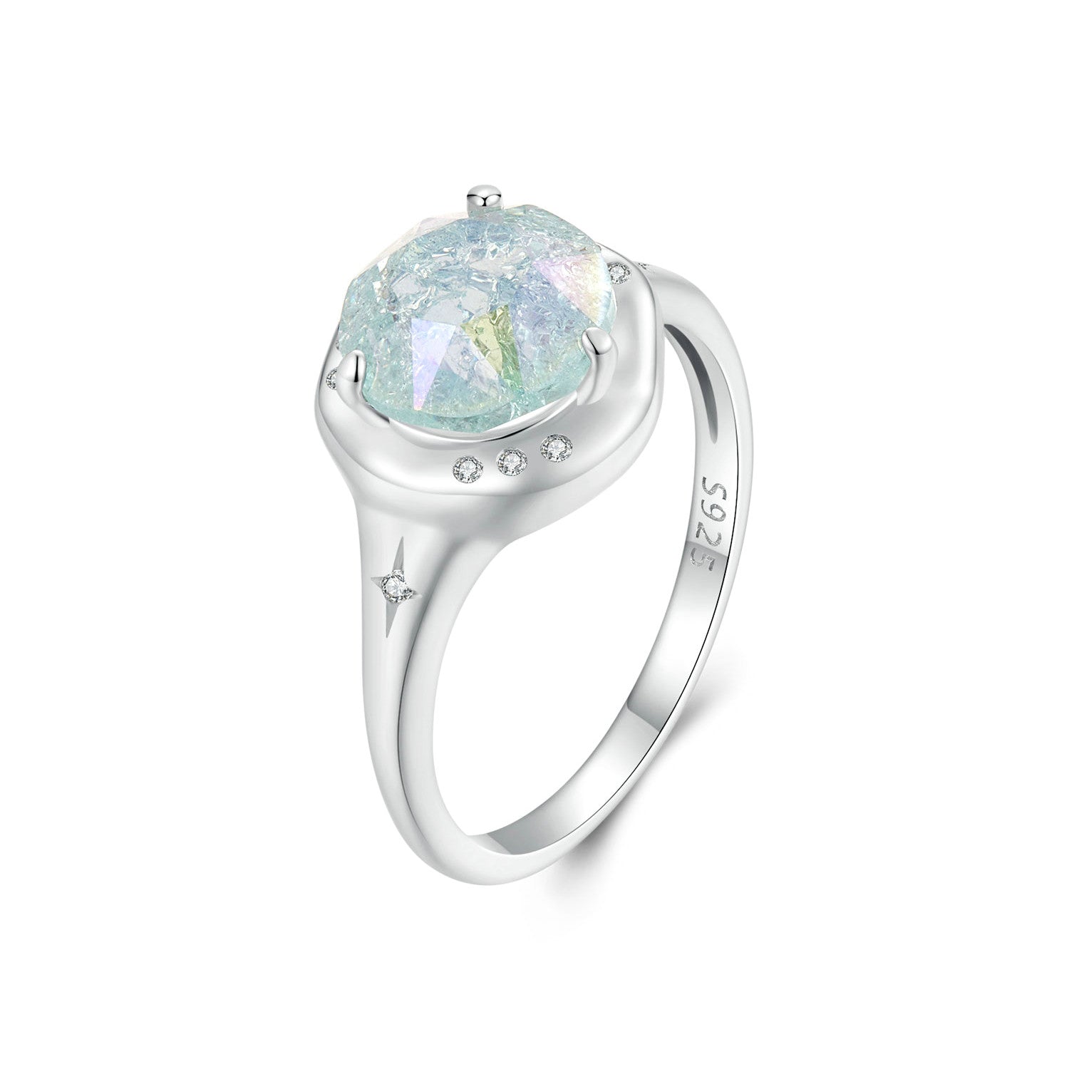 925 Sterling Silver Ring Size 6.0 with 11mm CZ & Transparent Glass for Women DestGlow