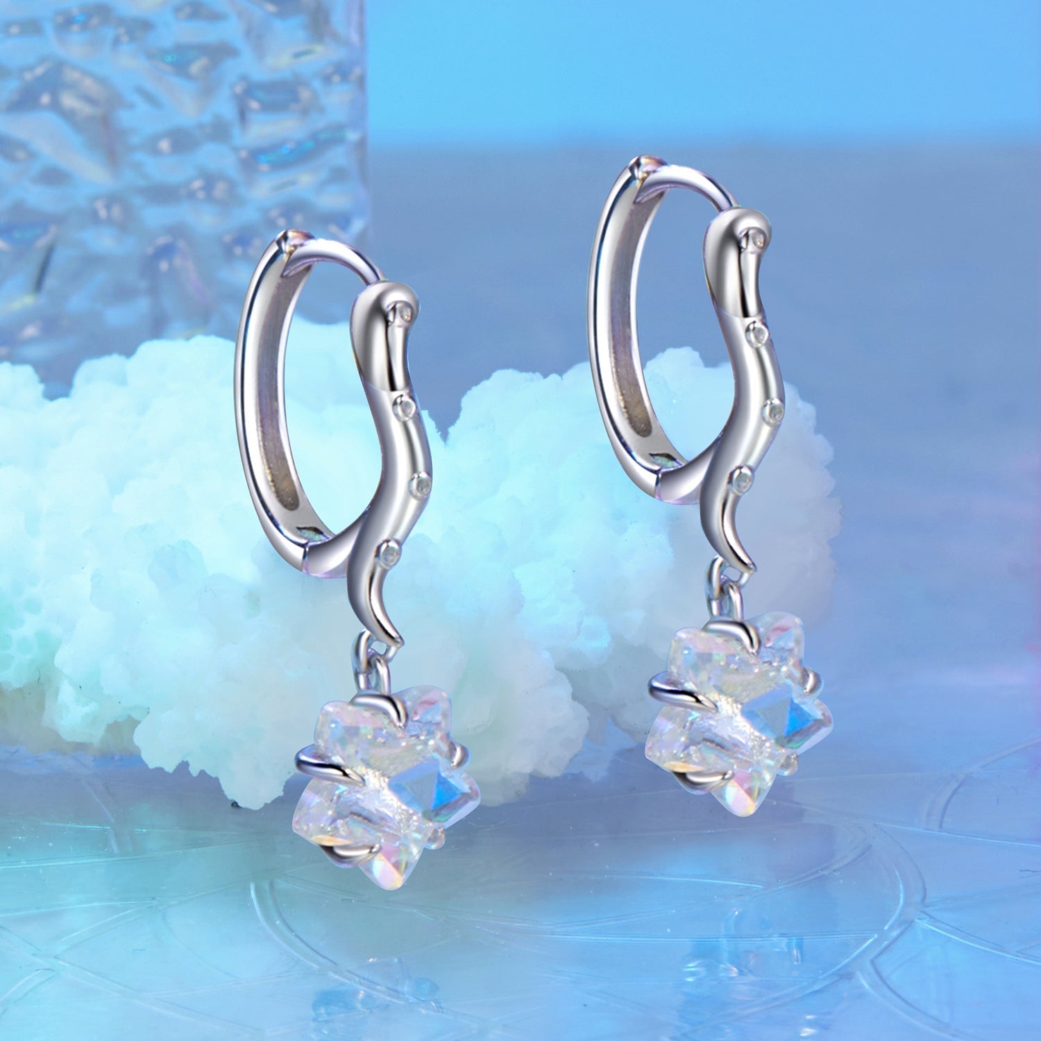 925 Sterling Silver Earrings with Transparent Glass and White Gold Plating for Women DestGlow