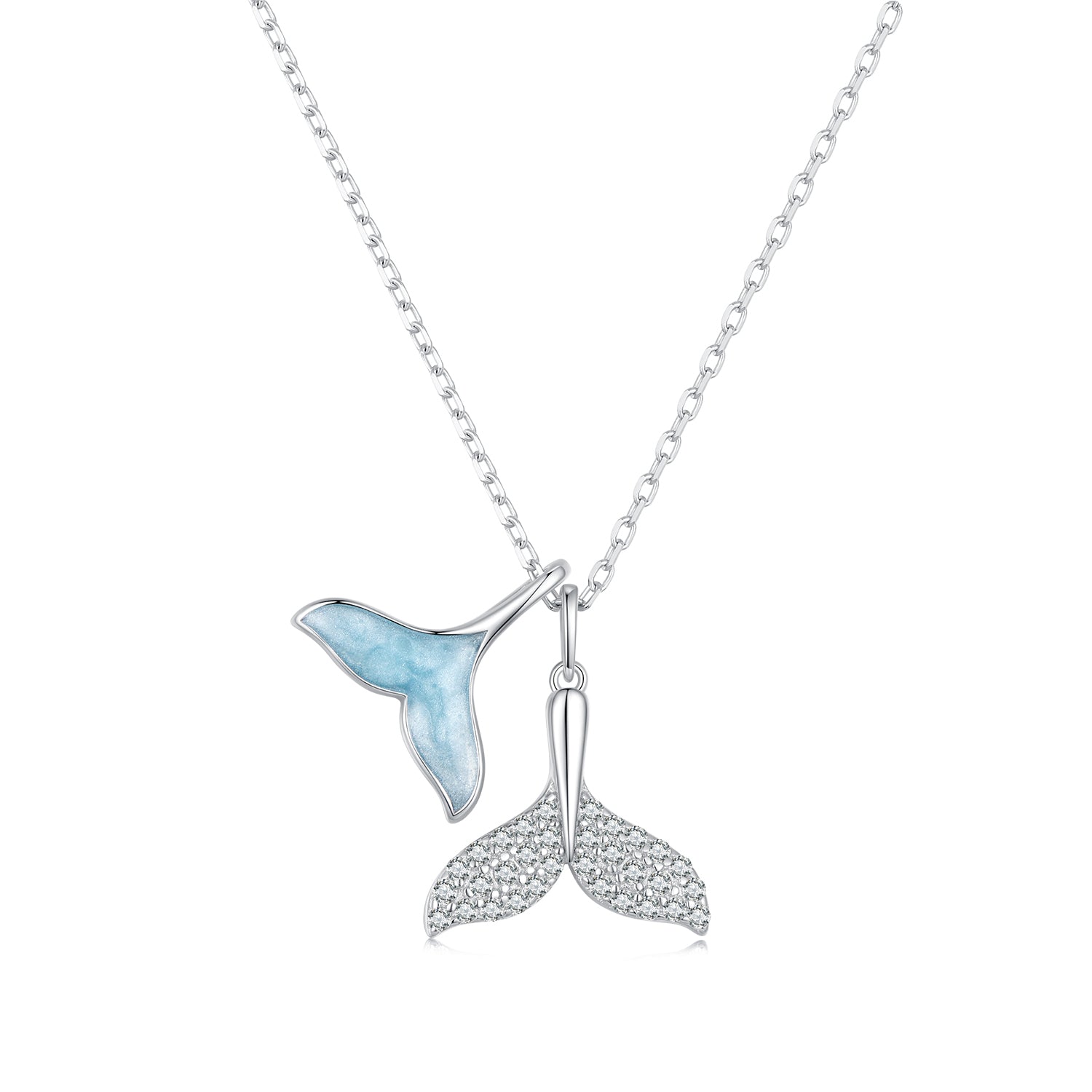 925 Sterling Silver Necklace with CZ & Enamel - 40+5cm Length, Fishtail Design for Women DestGlow