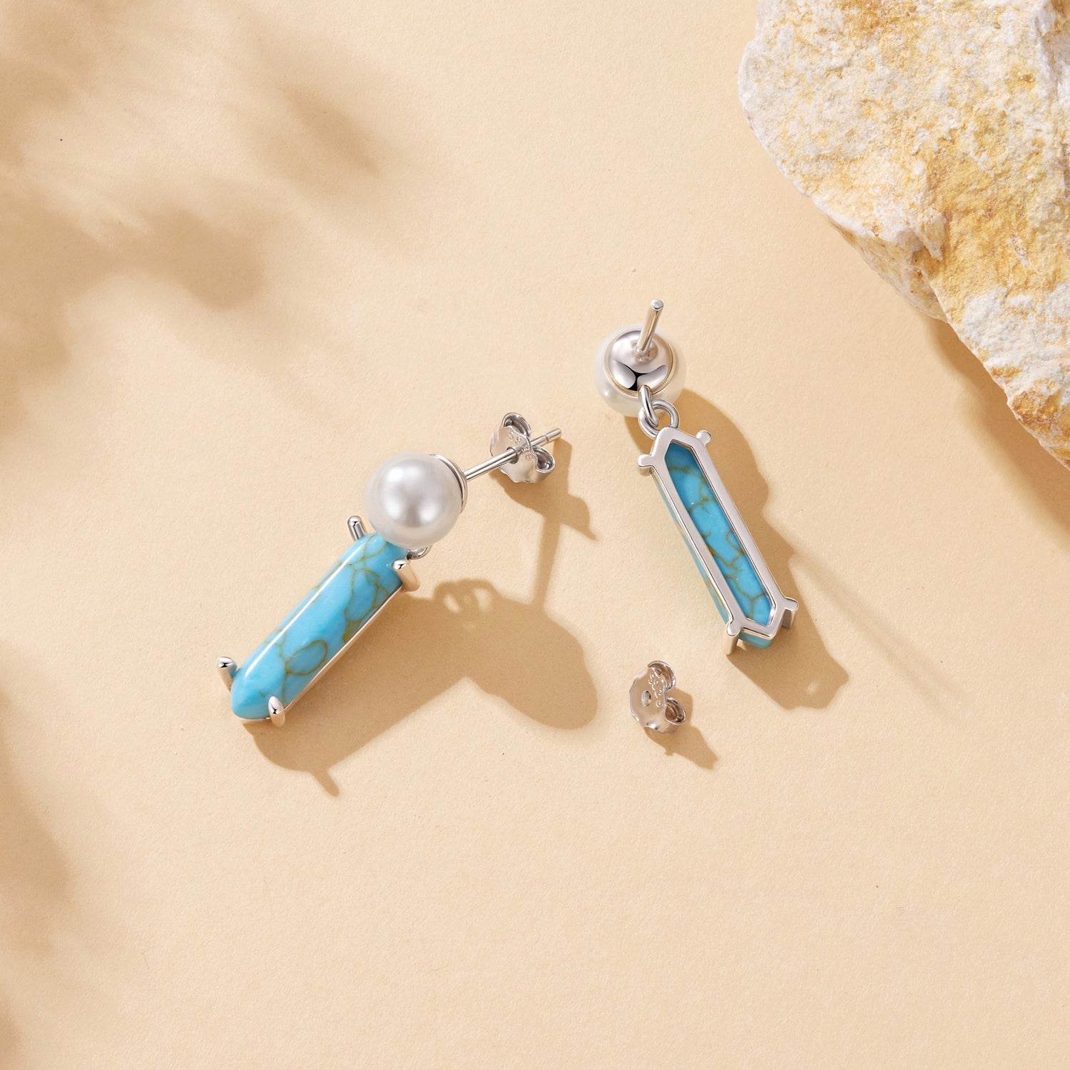925 Sterling Silver Earrings with Synthetic Turquoise and Pearl, 2.4*0.6cm for Women DestGlow