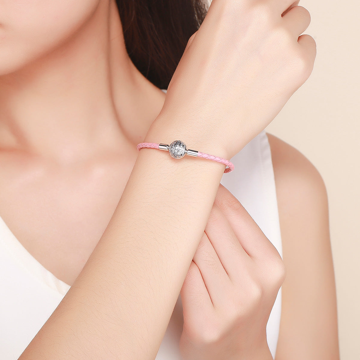 925 Sterling Silver Pavé Setting CZ Bracelet with Genuine Leather for Women DestGlow