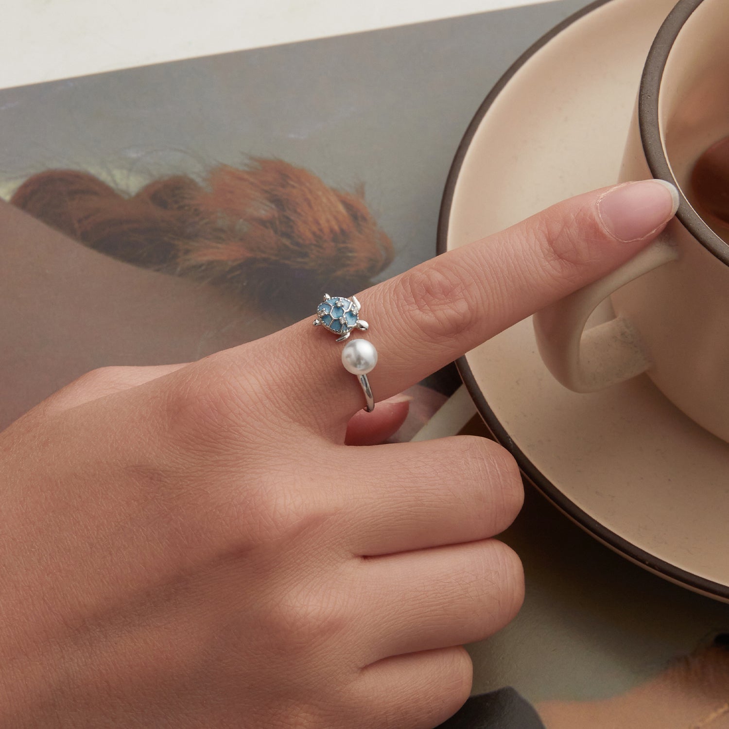 925 Sterling Silver Turtle Ring with Quality Shell Pearl & CZ - Size: nan DestGlow