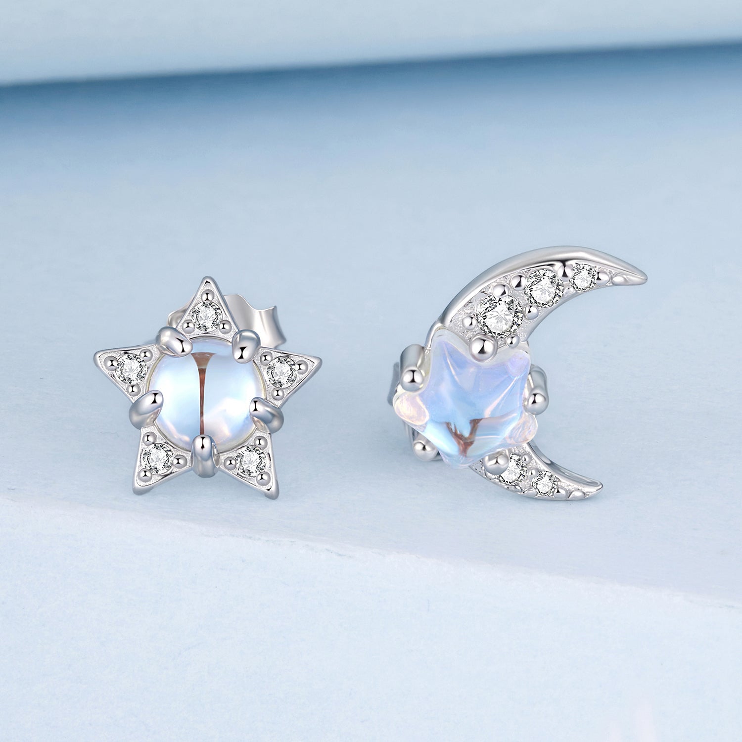 925 Sterling Silver White Gold Plated Moonstone & CZ Earrings DestGlow