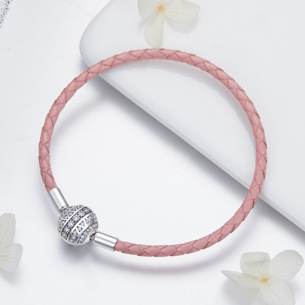 925 Sterling Silver Pavé Setting CZ Bracelet with Genuine Leather for Women DestGlow
