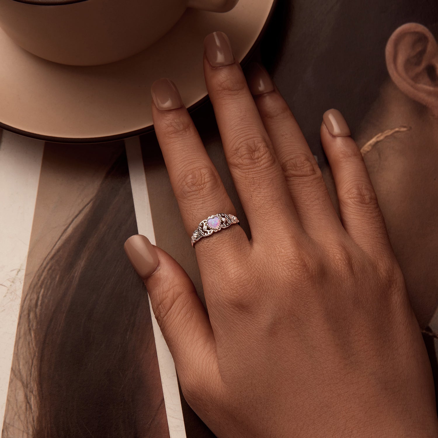 925 Sterling Silver Opal and CZ Stackable Ring in Size 6 for Women DestGlow