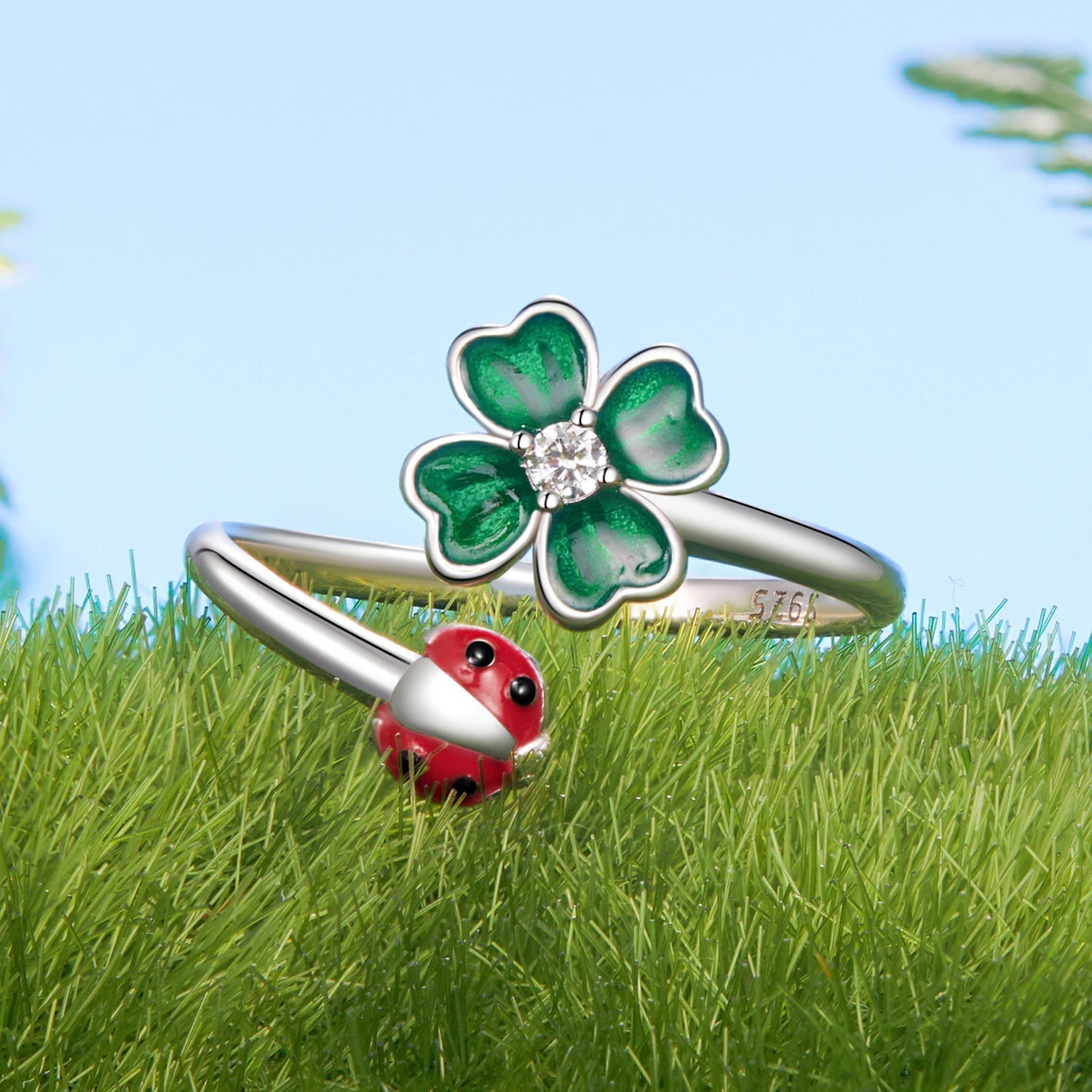 925 Sterling Silver Ladybug Four-leaf Clover Ring for Women DestGlow