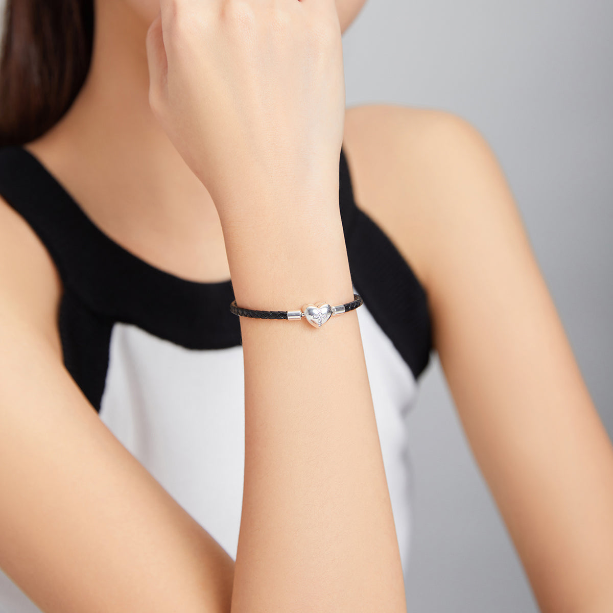 925 Sterling Silver Leather 17cm Bracelet with Oxidized CZ for Women DestGlow