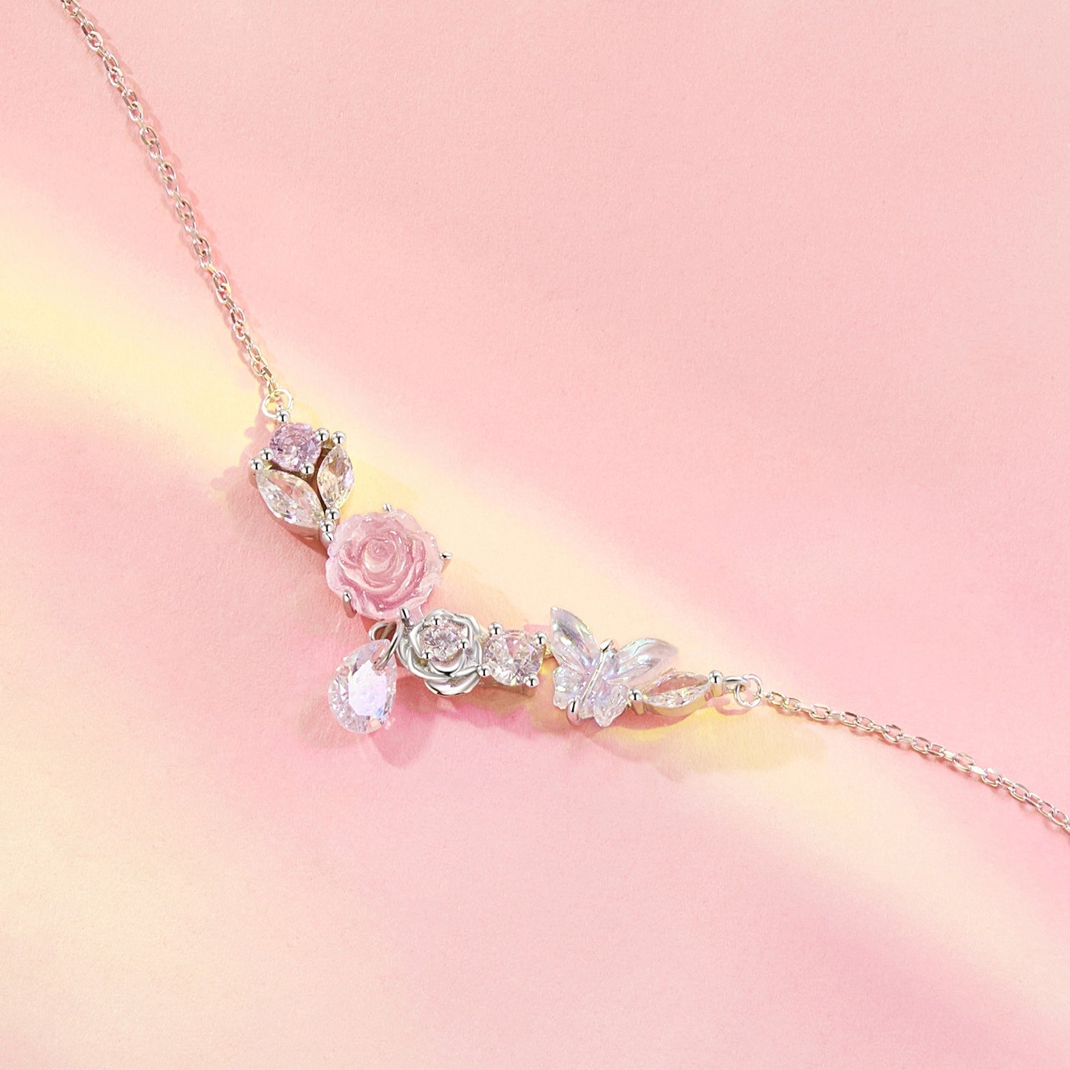 925 Sterling Silver Necklace with CZ & Resin Pendant, 18x39mm, Plated with White Gold DestGlow