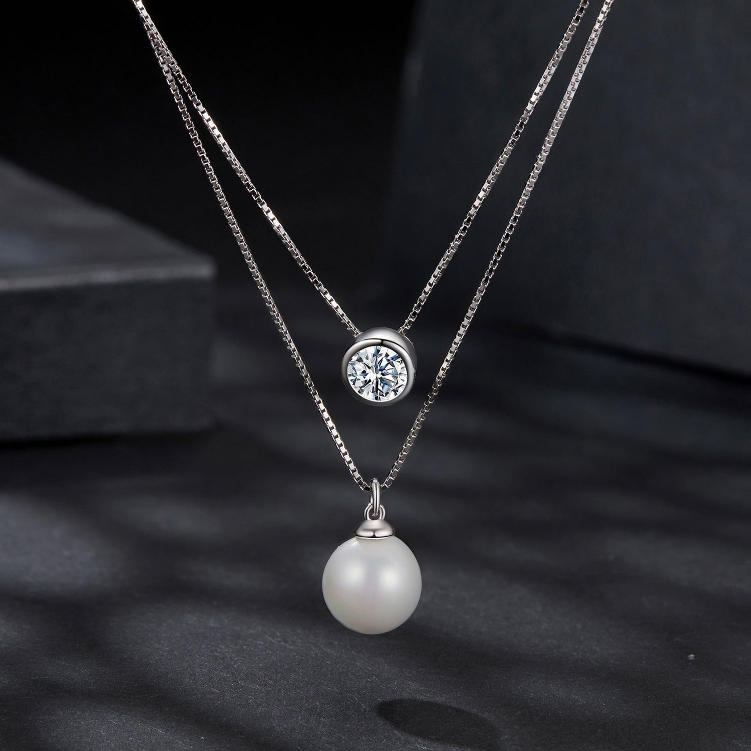 925 Sterling Silver Moissanite & Quality Shell Pearl Necklace for Women - 40+5cm, White Gold Plated DestGlow