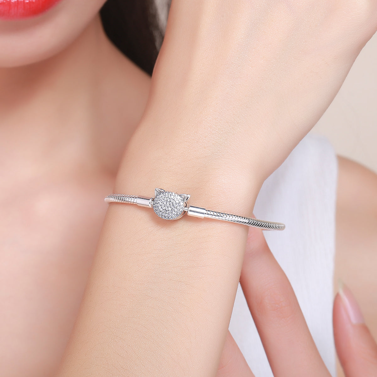 925 Sterling Silver Bracelet with Cat Head Charm, 17cm for Women DestGlow