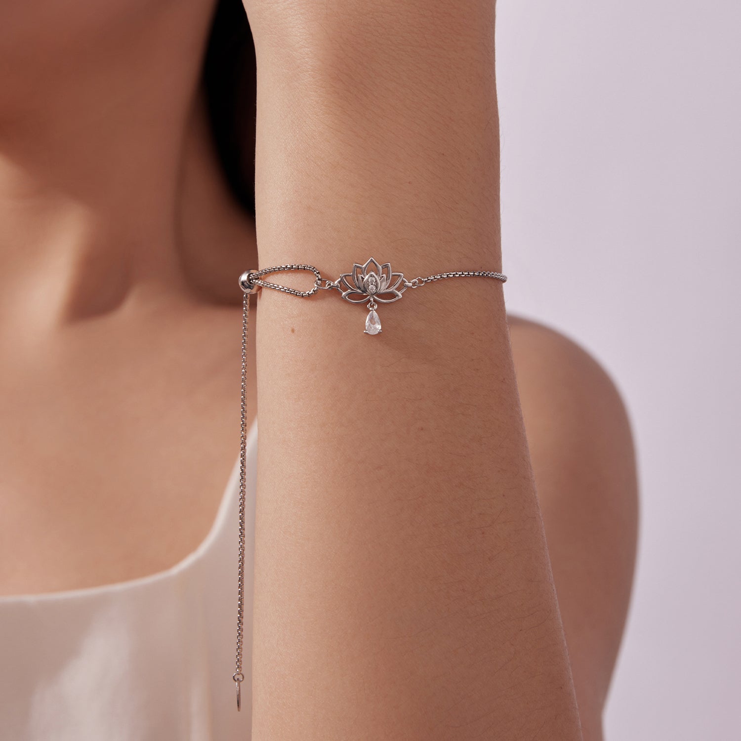 925 Sterling Silver Adjustable Chain Bracelet with White Gold Plating and CZ for Women DestGlow