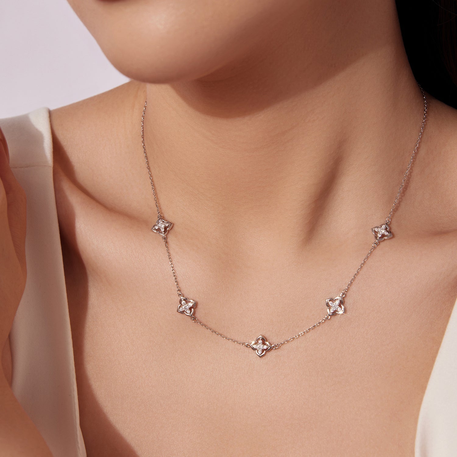 925 Sterling Silver + Moissanite Necklace with Plated White Gold - 40+5cm Length for Women DestGlow