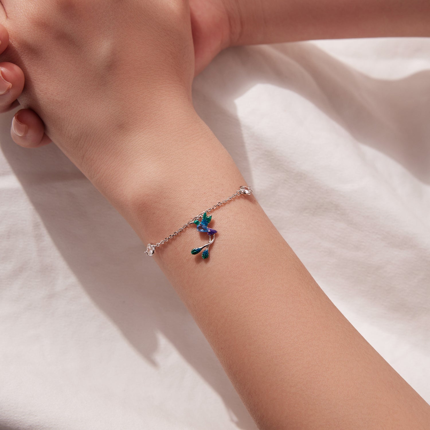 925 Sterling Silver Enamel Pavé CZ White Gold Bracelet for Women 15+6cm DestGlow