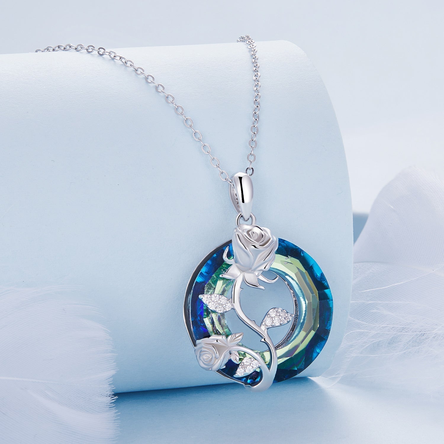 925 Sterling Silver Necklace with Pavé Setting CZ and Transparent Glass, 450mm for Women DestGlow