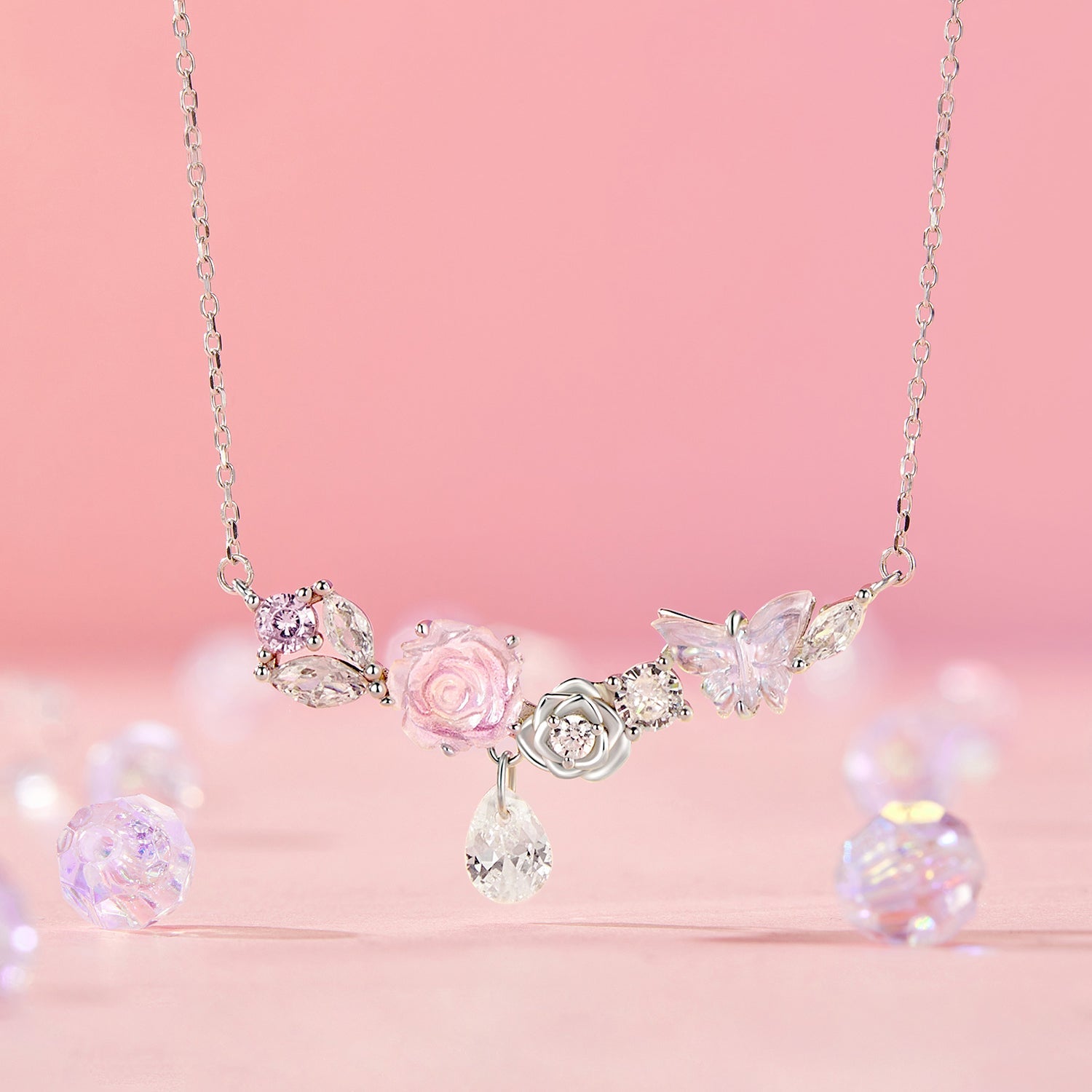 925 Sterling Silver Necklace with CZ & Resin Pendant, 18x39mm, Plated with White Gold DestGlow
