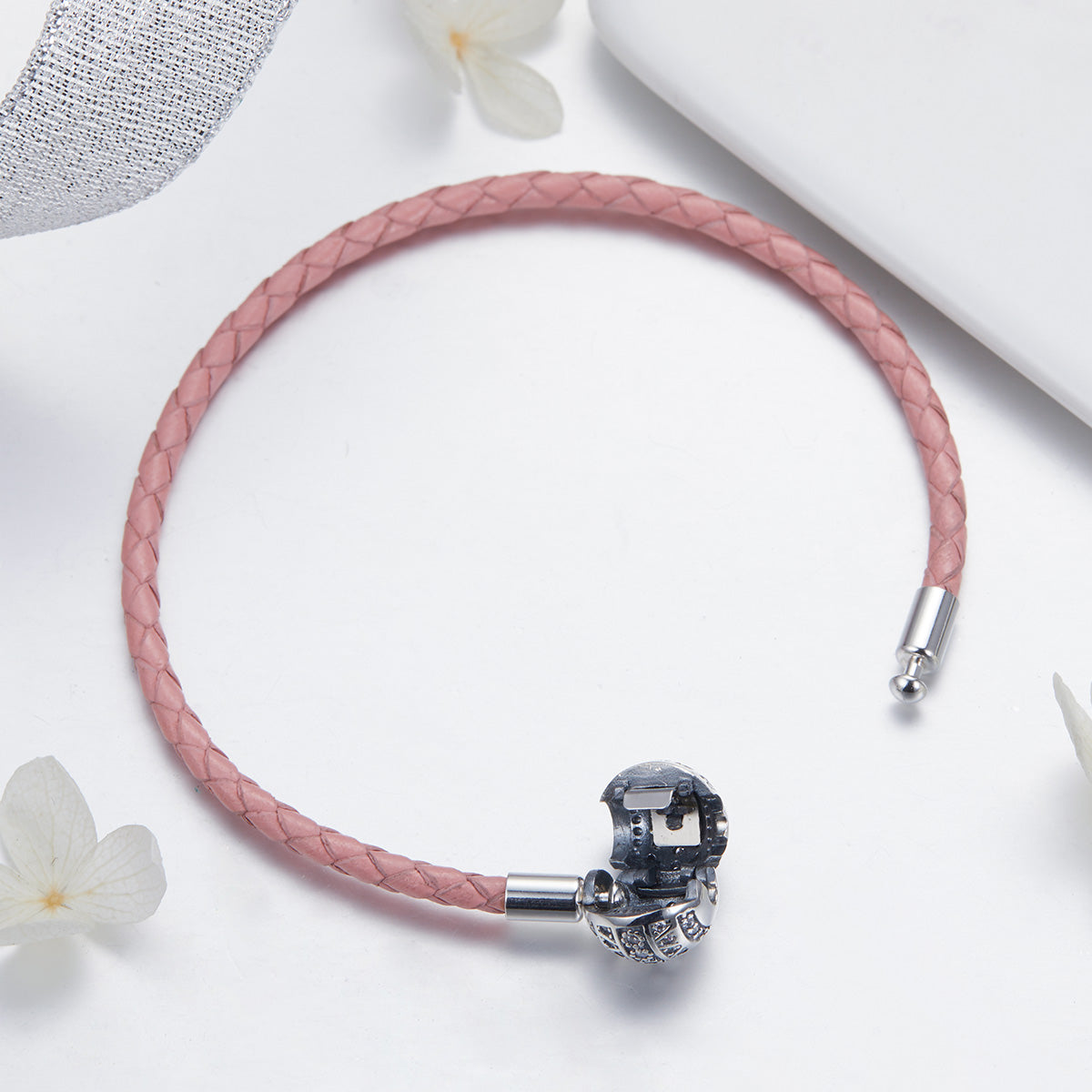 925 Sterling Silver Pavé Setting CZ Bracelet with Genuine Leather for Women DestGlow