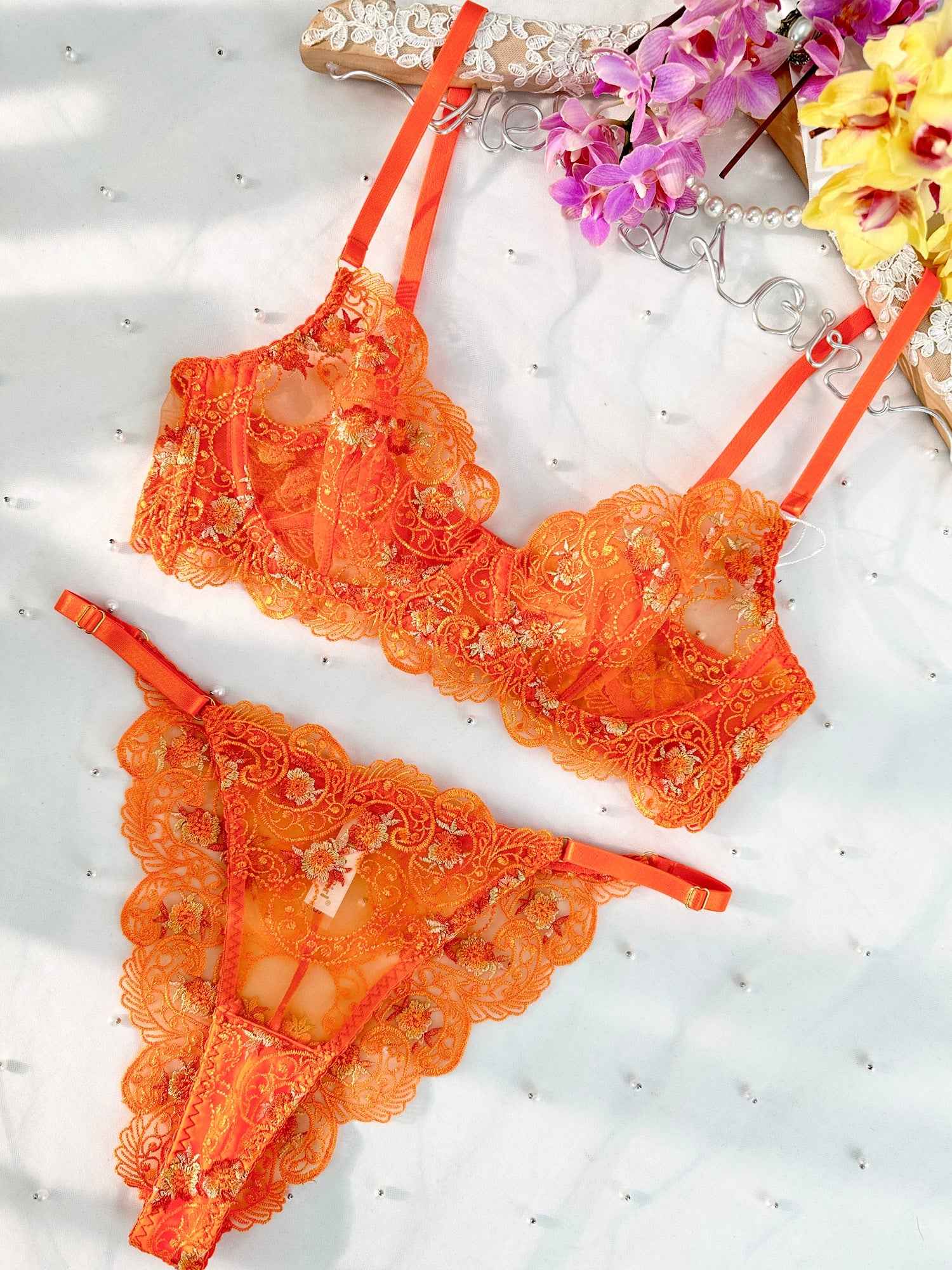 Orange Floral Embroidery Lingerie Set
