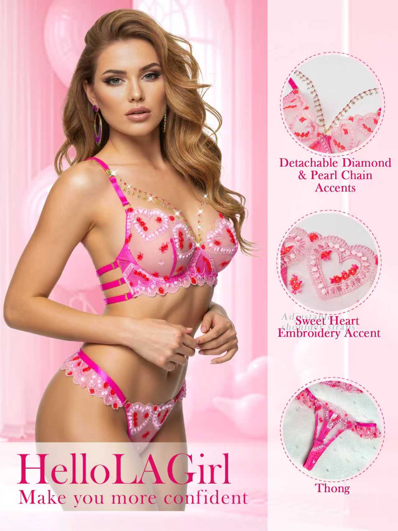 Pink Blossom Embroidery Lingerie Set